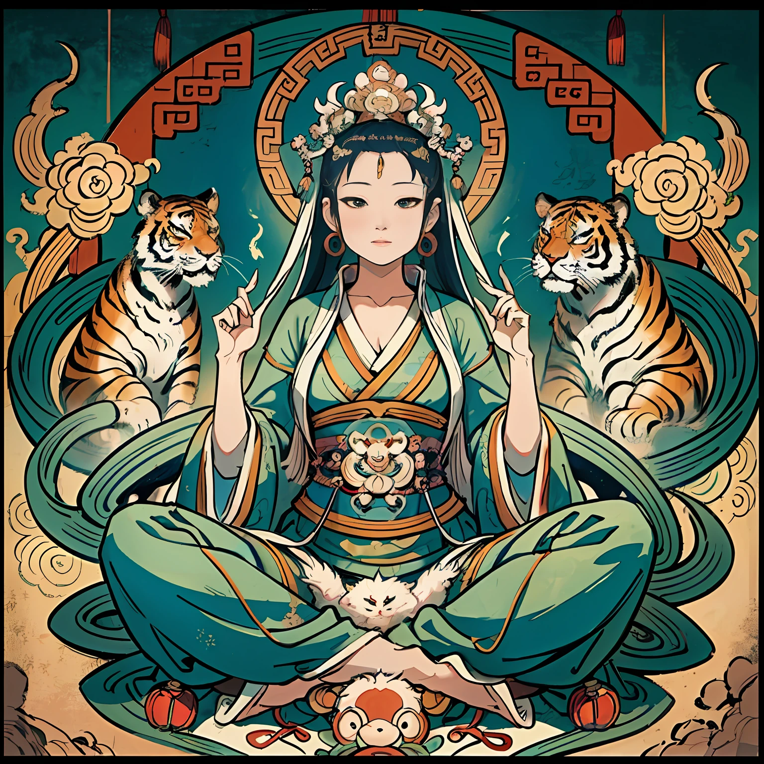 an ancient Chinese goddess, guanyin of the southern seas, Guanyin, Inspired by India, Avalokiteshvara rides a tiger，,Serene expression,shui mo hua,Buddha,Buddhist,Lotus,Chinese painting style,Thangka style