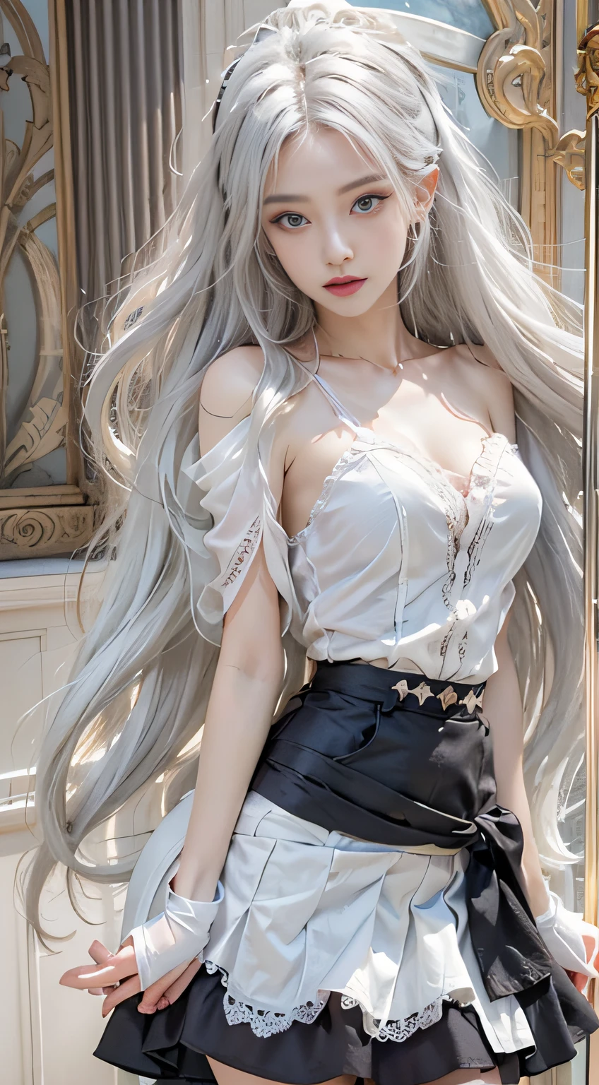 A beautiful woman is sitting and listening to music, her breasts and vagina are visible, a beautiful woman with long grey hair, men and women are enjoying music and dancing at a bar, heartwarming, medieval, minstrel, epic,
