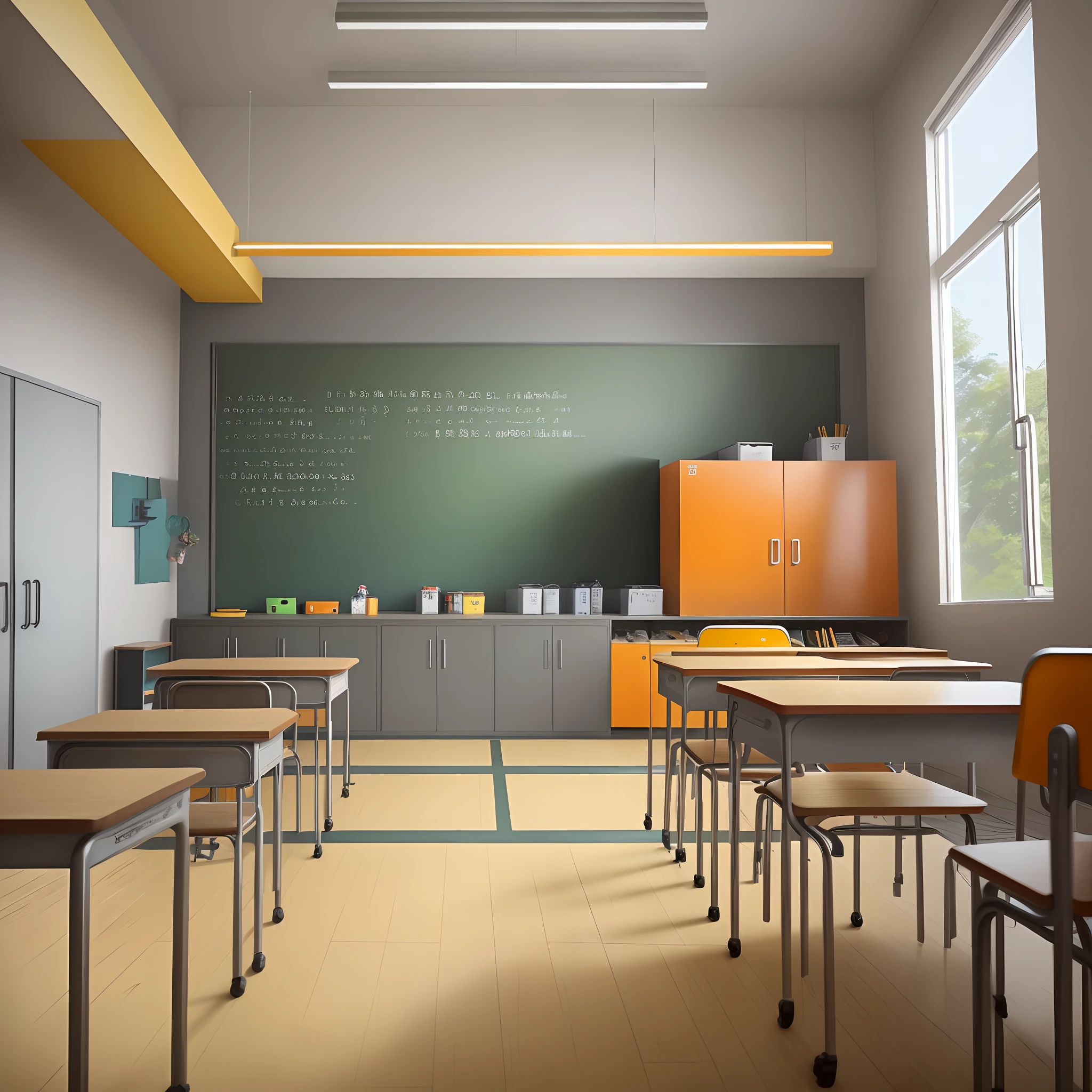 Design a children's gymnasium,The venue design style is required to match the orange and white walls,The cabinets and things that put sundries and the things on the wall are mainly wood color,The main color of yellow or orange in the classroom is designed with green。A minimalist style that matches yellow and gray on the ground