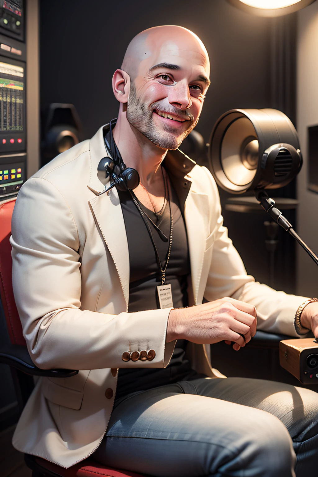 Hyper-realistic image of a smiling, bald man in his 30s sitting in a modern music recording studio. He wears an elegant outfit.