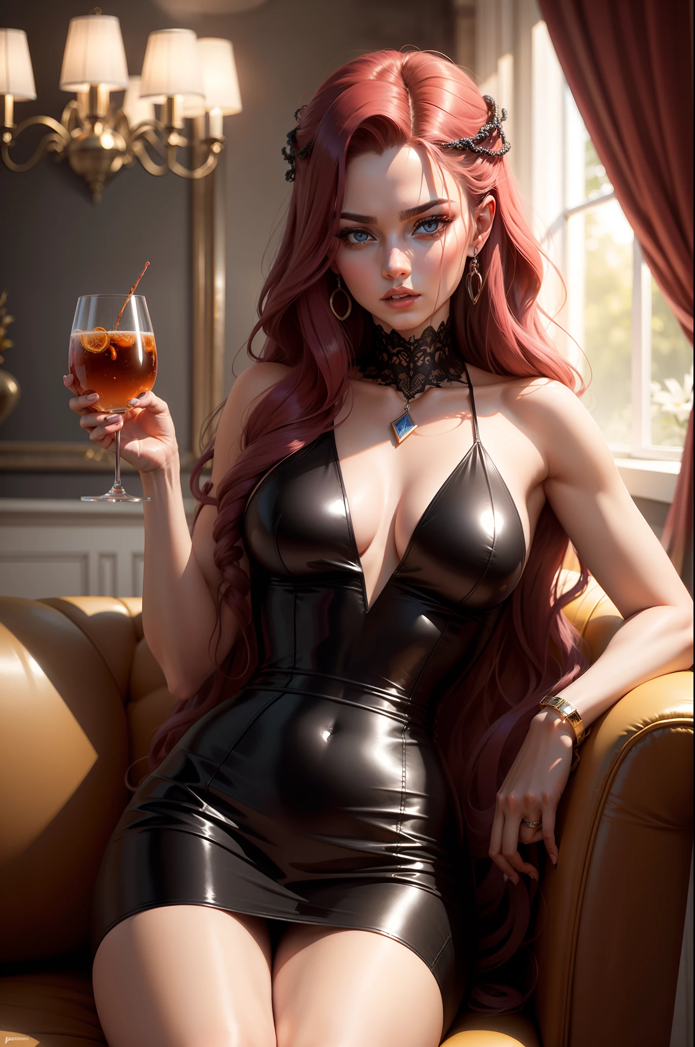 Medusa sipping a glass of coming sitting in a ferrai