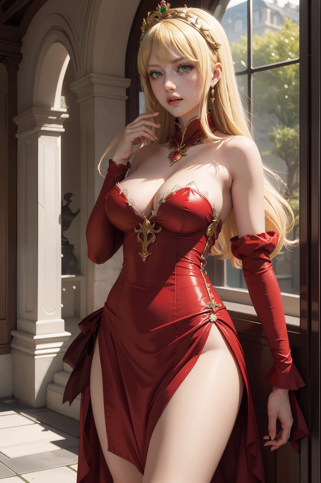 masterpiece, best quality, nero claudius (fate), blonde hair, green eyes, red dress, large breasts exposed, sexually suggestive, caucasian, beautiful, solo