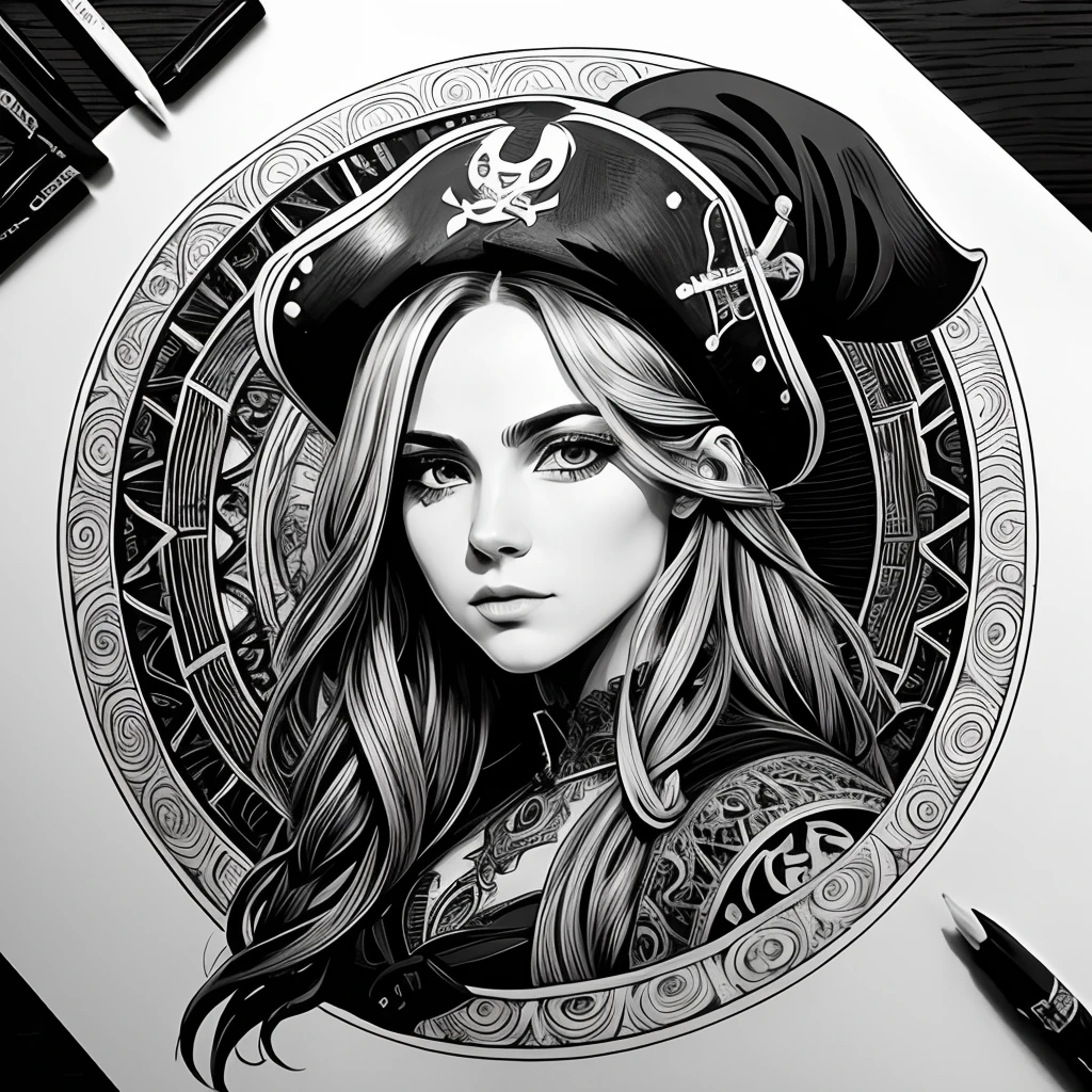 Centred potrait of a female Pirate, black and white, zentangle (best quality) ultra-detailed, fine line drawing, fine line art, coloring book illustration style, intricate linework, highly detailed illustration, perfect composition, beautiful and stunning, dynamic angle, high contrast, incredible shading, incredible detail, unique style, black and white details, (dark and mystical atmosphere), intricate and detailed nature elements.