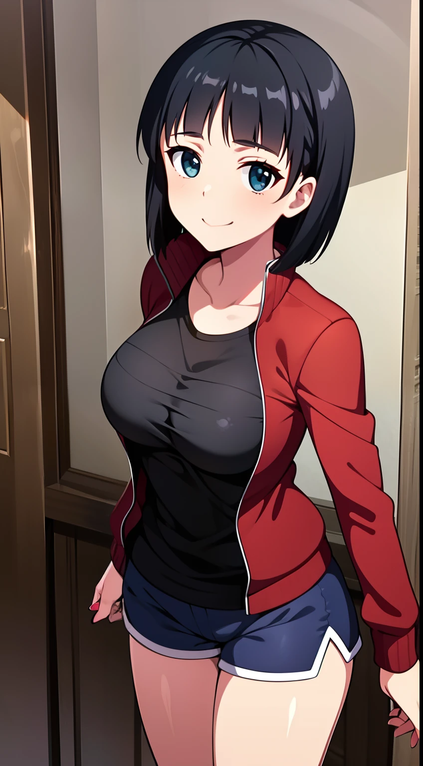 5uguh4, 1girl in, Solo, Kirigaya Suguha, Black hair, Short hair, Jacket, Open jacket, Short shorts, Shirt, Black eyes, Red jacket, Black shirt, Blue shorts, medium breasts, Bangs,look at viewer ,a smile