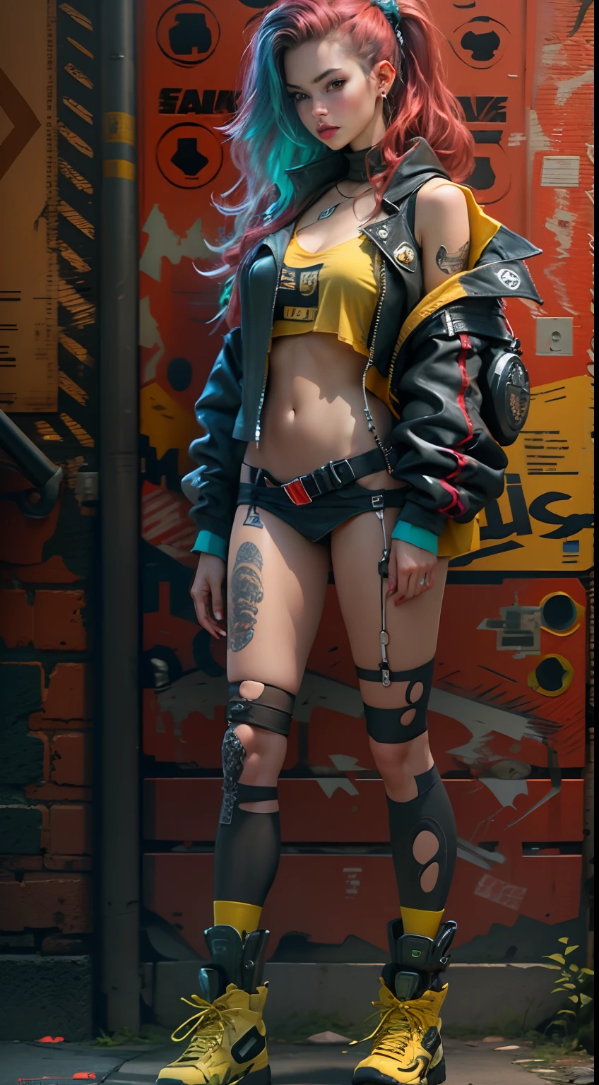 motor irreal:1.4,CG ultra realista 64K, fotorrealista:1.4, textura de la piel:1.4, obra maestra:1.4,Hermosa mujer con lingeries  babydoll、Ropa corta estilo cyberpunk color amarillo, pantimedias red , mini skirt blue,