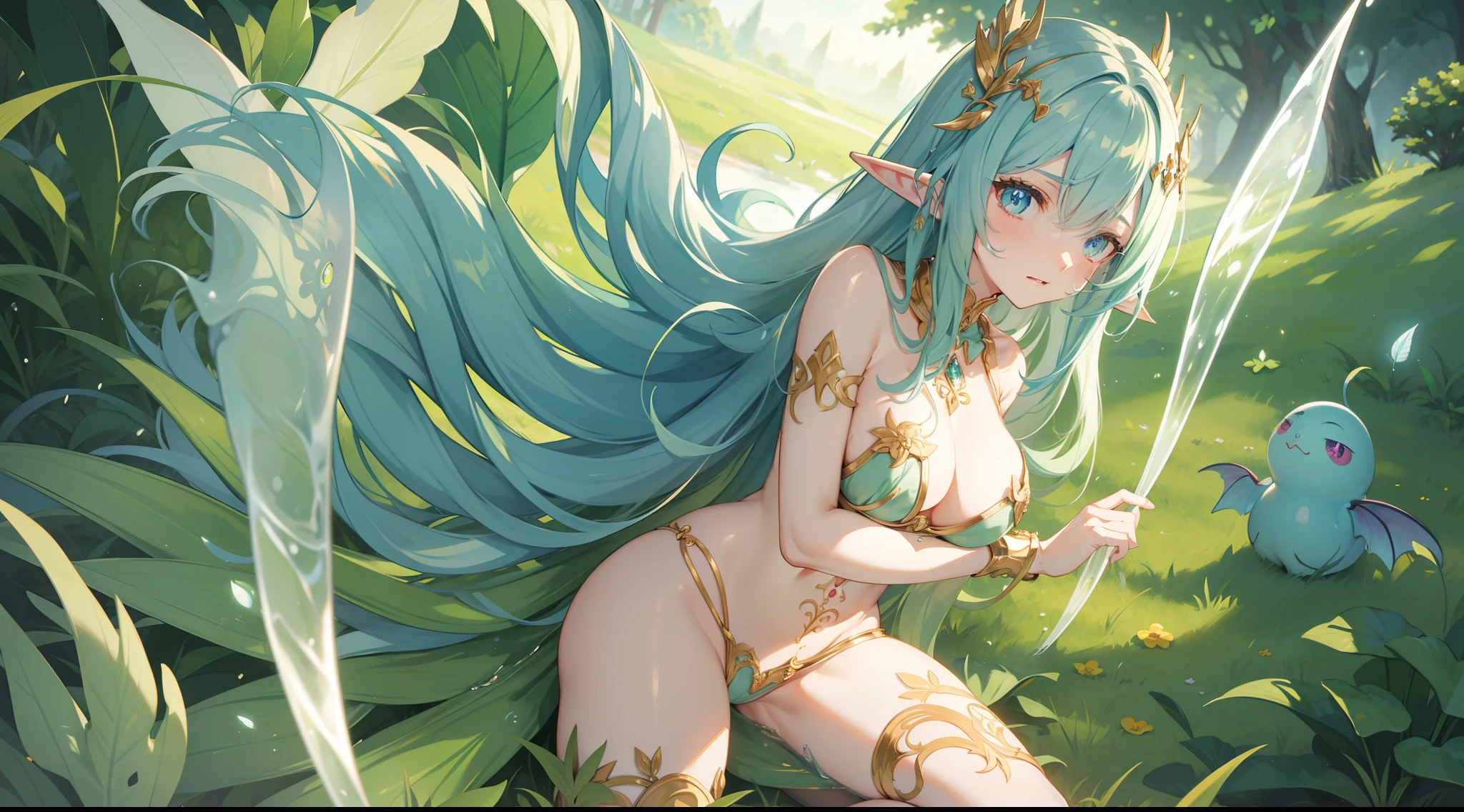 Farmer elf maiden, ((slimy outfit)), collar, multicolor hair (green and blue), curly fang, feather mask, charming aura, glowing heart shape pupil, masterpieces, original character, high resolution, extreame detail, grass effect, oiled body detailed, figure, armlet, farm background, camera from above, ((crotch tattoo)), best anime 16k wallpaper quality, extreame eyes detailed