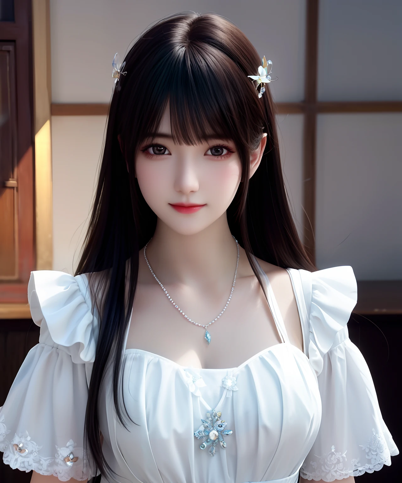 Best quality, masterpiece, high resolution, 1girl, porcelain dress, hair accessories, necklace, jewelry, beautiful face, on the body, Tyndall effect, realistic, dark studio, edge lighting, two-tone lighting, (high detail skin: 1.2), 8k UHD, dslr, soft light, high quality, volumetric light, candid, photo, high resolution, 4k, 8k, background blur,