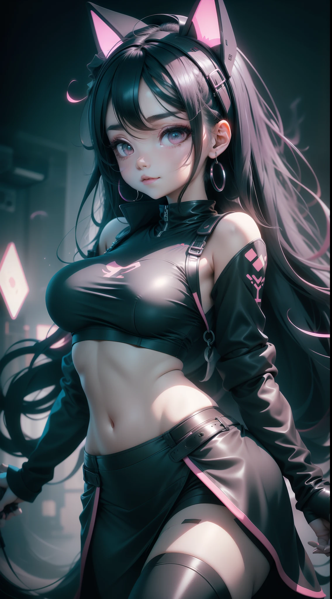 gothgirl, Long black hair, black crop top,Pink skirt,Black CPTPN leggings, cheerfulness, Dancing, Beautiful anime style girl all over, clean detailed faces, underdressing, analogous colors, Glowing shadow, beautiful gradation, Depth of field, Clean image, High quality, High detail, High definition, Luminous Studio graphics engine, Cute face, big breast, Slim waist, nice hip,