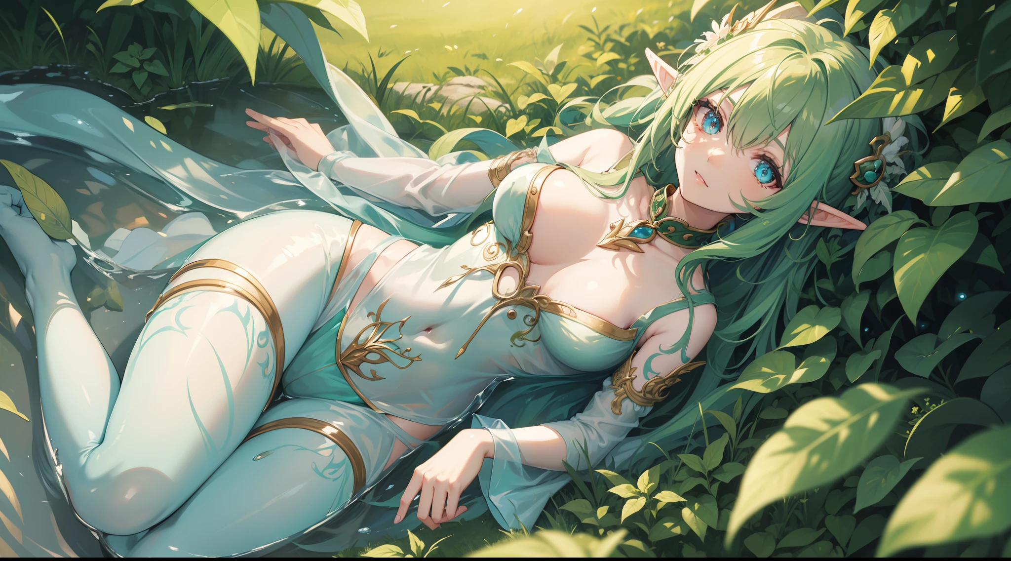 Farmer elf maiden, ((slimy outfit)), collar, multicolor hair (green and blue), curly fang, feather mask, charming aura, glowing heart shape pupil, masterpieces, original character, high resolution, extreame detail, grass effect, oiled body detailed, figure, armlet, farm background, camera from above, ((crotch tattoo)), best anime 16k wallpaper quality, extreame eyes detailed