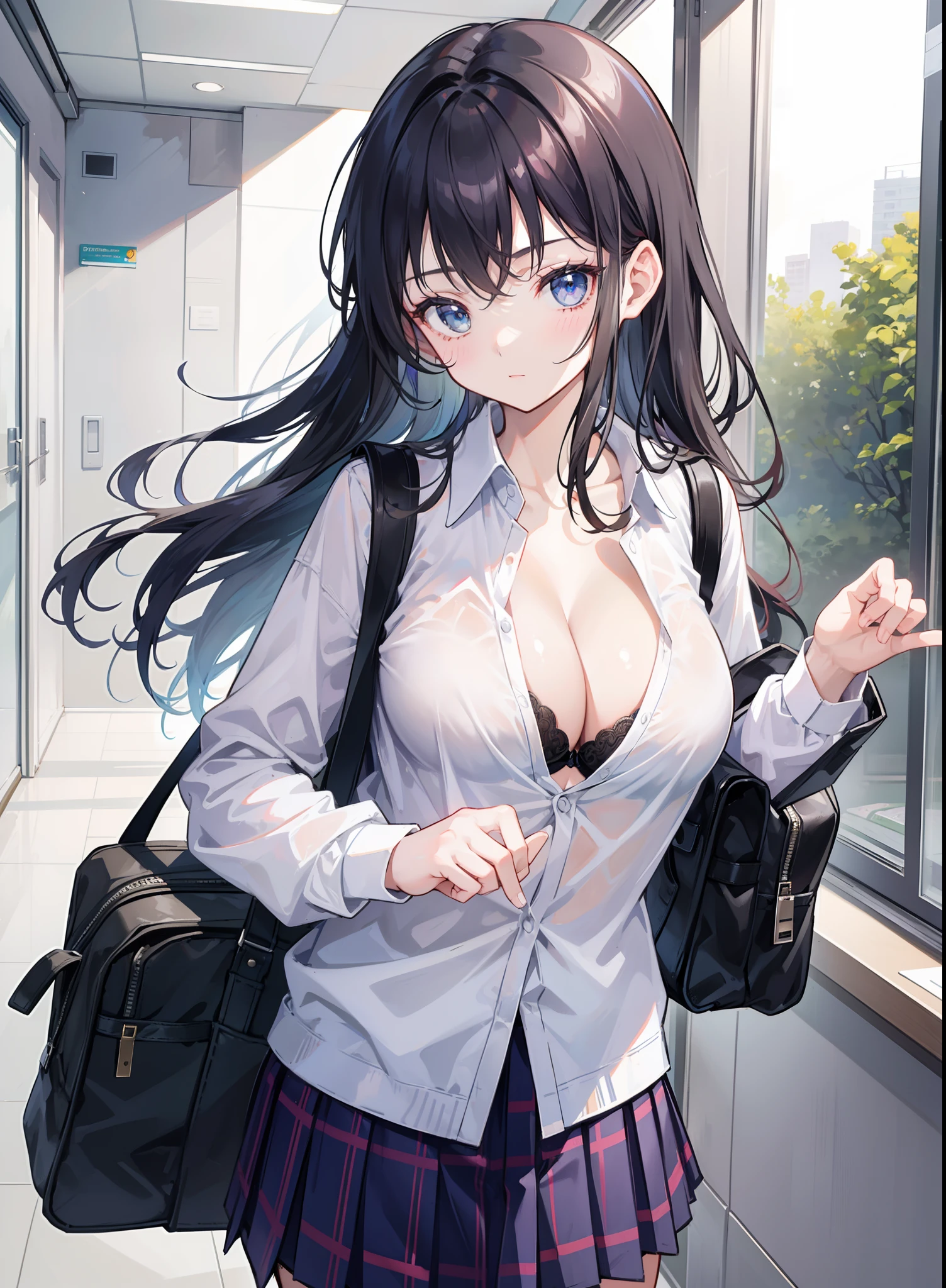 1girl, school unform, cute, unbuttoned, cleavage, school bag, looking at the viewer, skirt, bra flash, hand on the hair