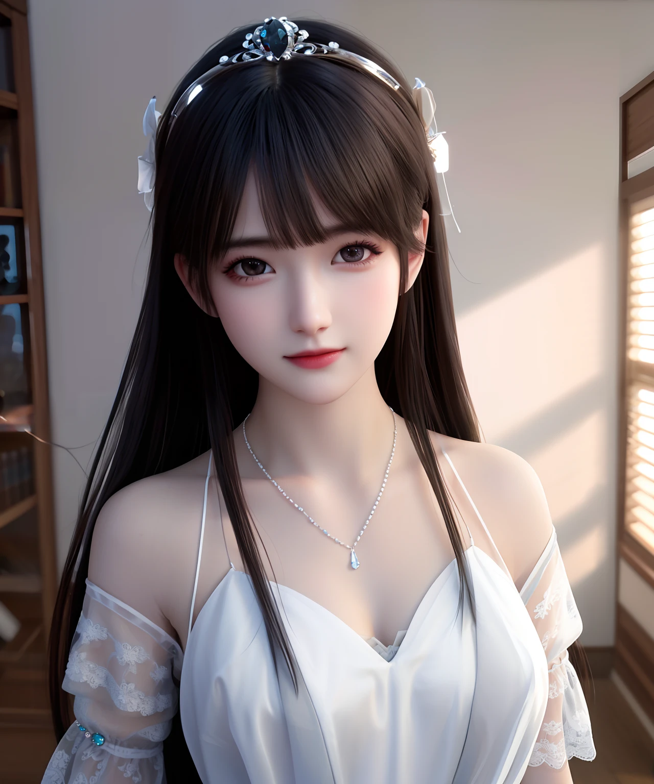 Best quality, masterpiece, high resolution, 1girl, porcelain dress, hair accessories, necklace, jewelry, beautiful face, on the body, Tyndall effect, realistic, dark studio, edge lighting, two-tone lighting, (high detail skin: 1.2), 8k UHD, dslr, soft light, high quality, volumetric light, candid, photo, high resolution, 4k, 8k, background blur,