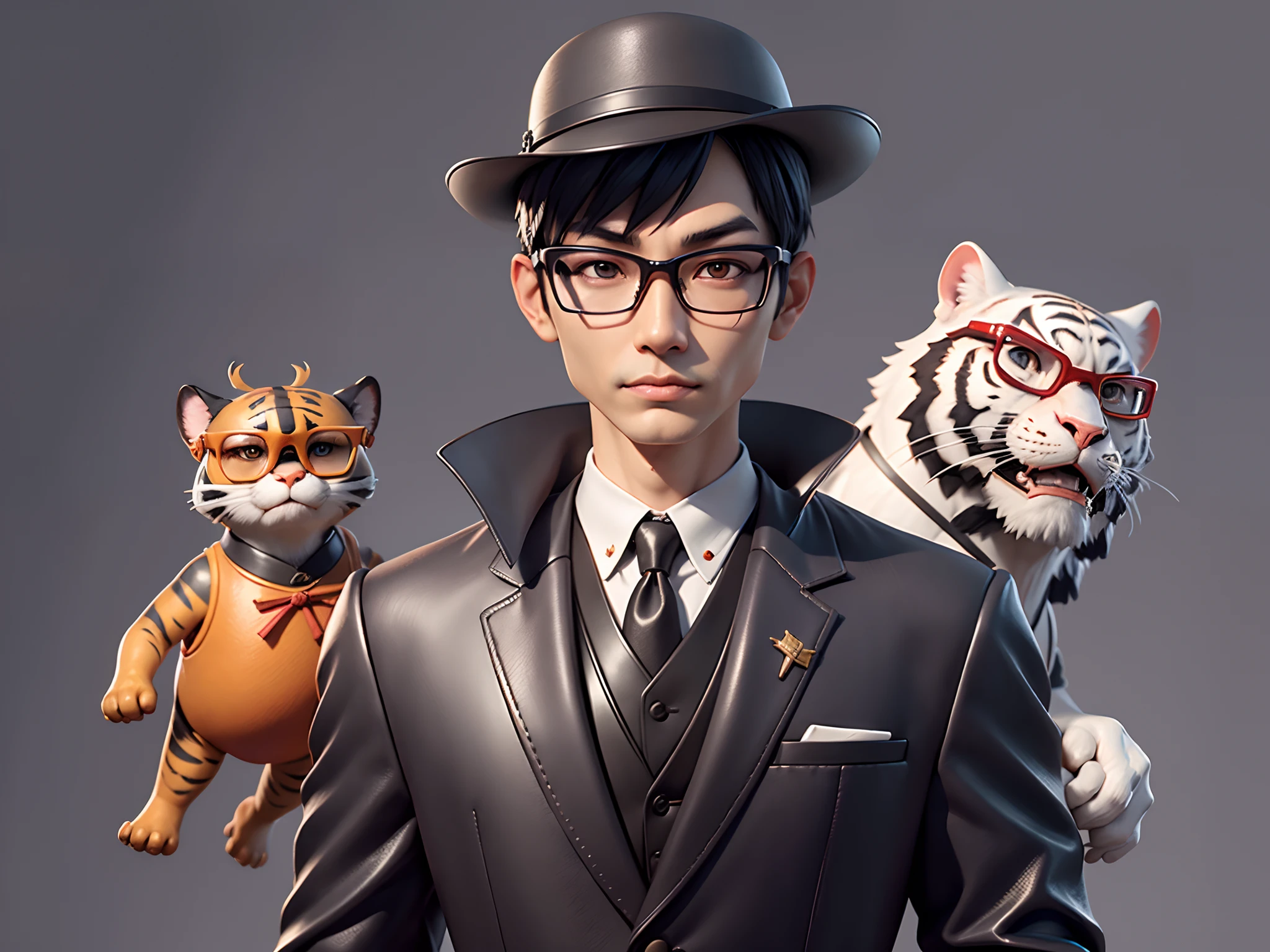 Young man with oriental face in leather hat, tiger, oriental face in formal suit, short black hair, silver glasses, digital painting, 3D character design by Mark Clairedon and Pixar and Hayao Miyazaki and Akira Toriyama, the illustration is a high-definition illustration in 4K resolution with very detailed facial features and cartoon-style visuals.