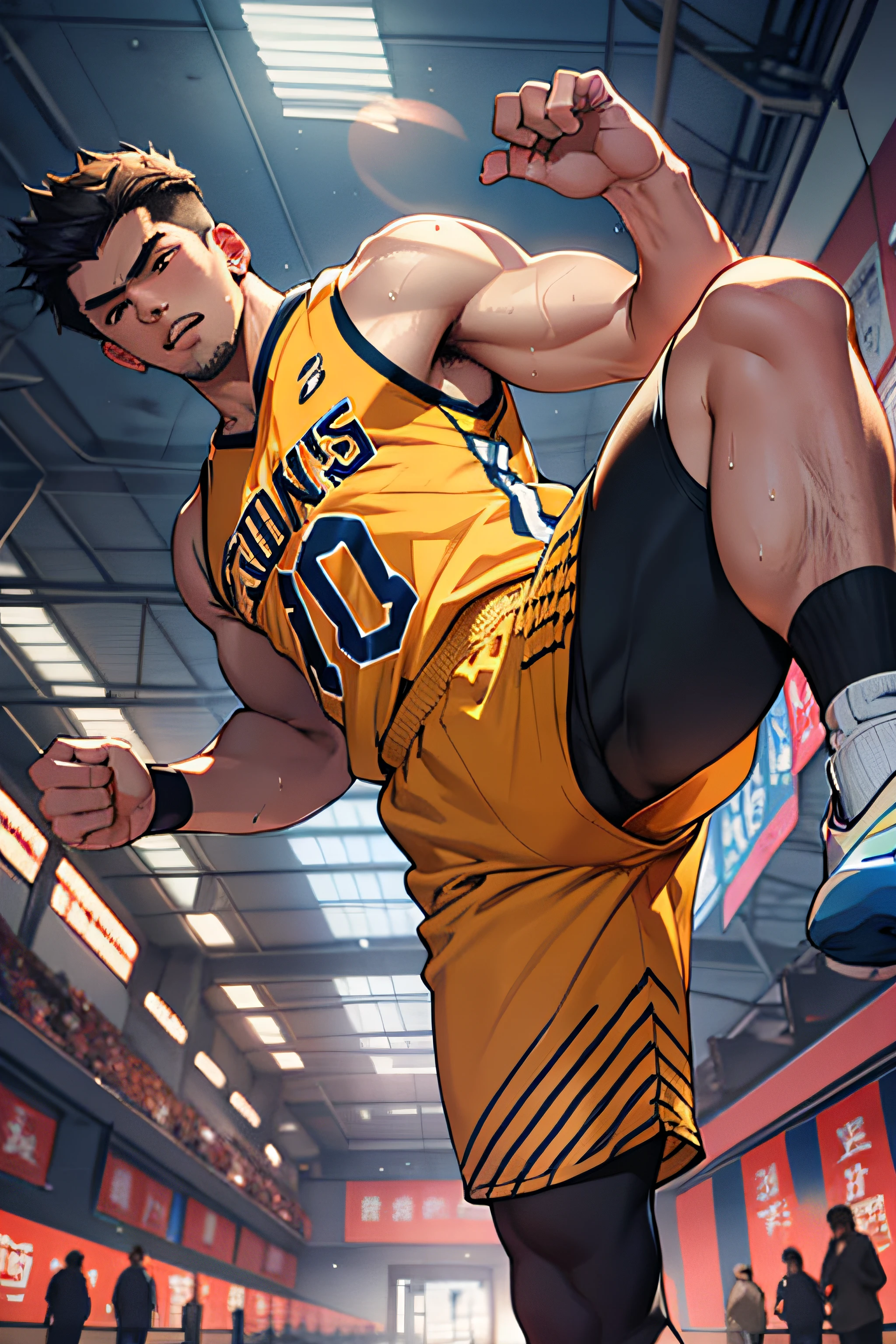 male people, Hirsutistic, Asians, curving, paleskin, sweat leggs,Basketball sports student,standing on your feet,realisticlying,A high resolution,中景 the scene is,musculous,Handsome,of a shirtless,bold and unconstrained,Chinese handsome,wide angles,photorealestic,cinematic ligh,poster for,photore,(detail in face),mature,Handsome