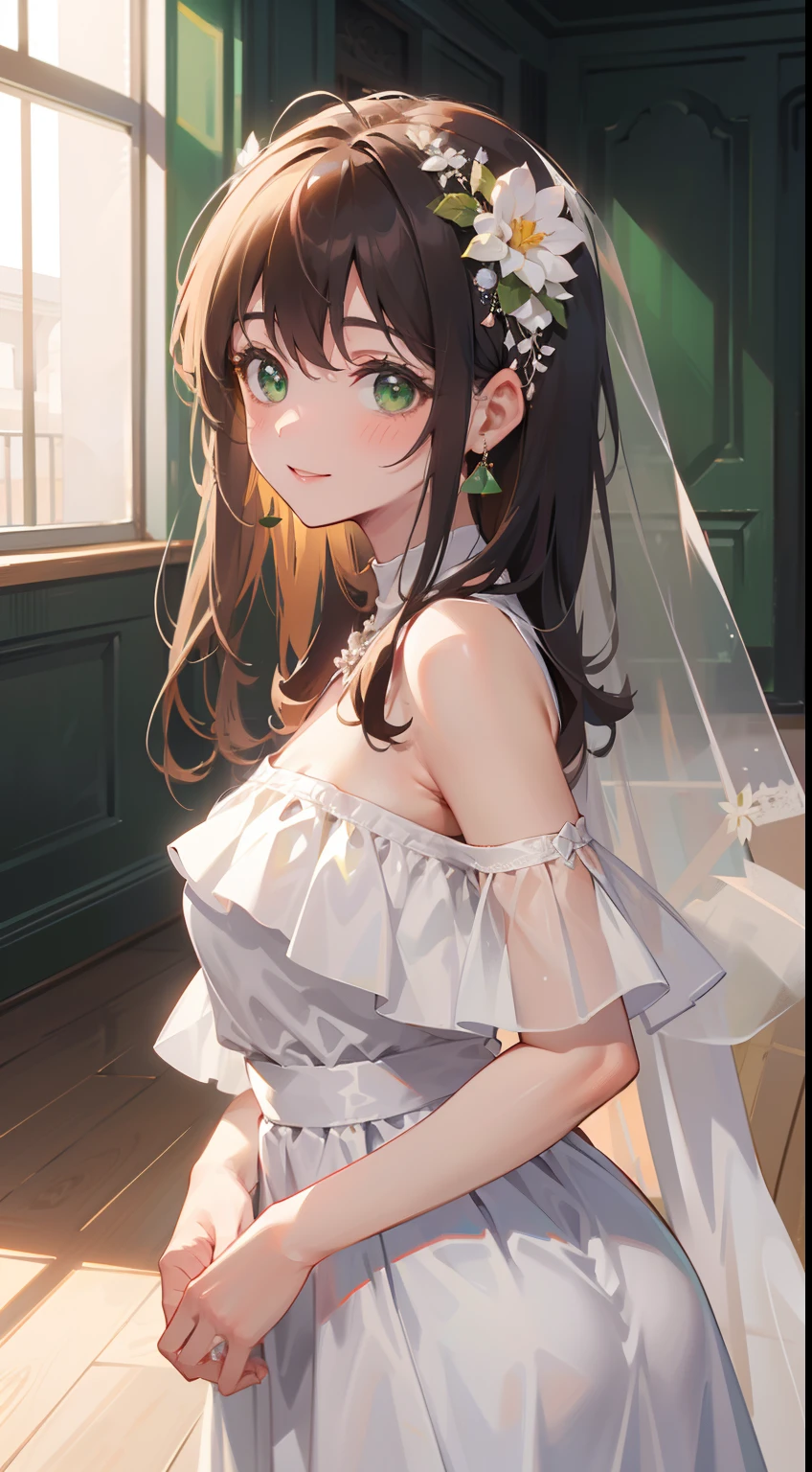 (masterpiece), (best quality), ultra high res, sharp focus, warm pastel tone, ((1 woman, solo)), detailed full body, dutch shot, beautiful detailed hair, chestnut brown hair, long hair tumbles down, beautiful detailed face, ((beautiful shape eyes, green eyes)), comfortable face, perfect feminine face, looking at the viewer, smiles, bare shoulders, (feminine elegant wedding wardrobe:1.2), in the ballroom, style raw --1