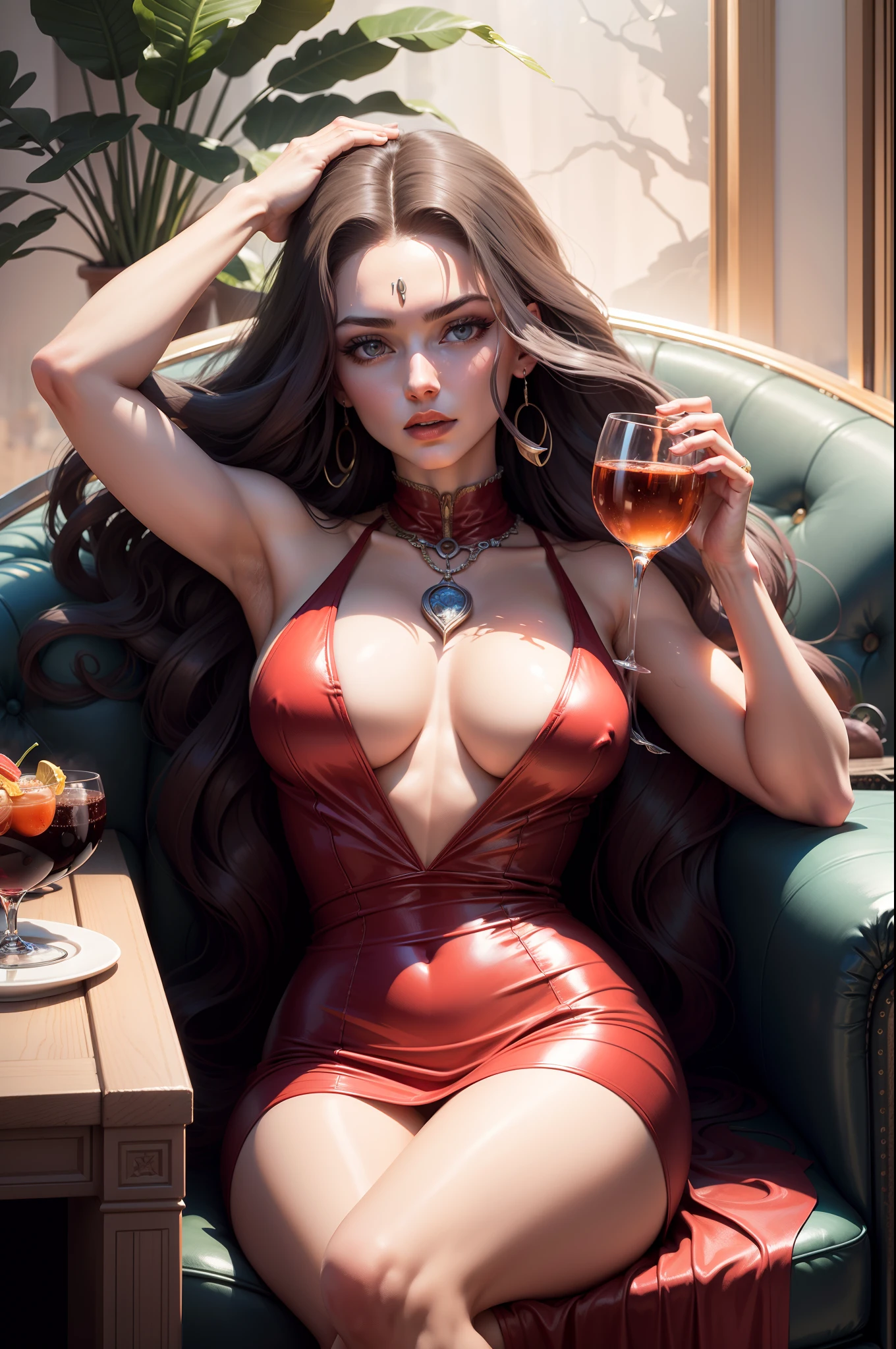 Medusa sipping a glass of coming sitting in a ferrai