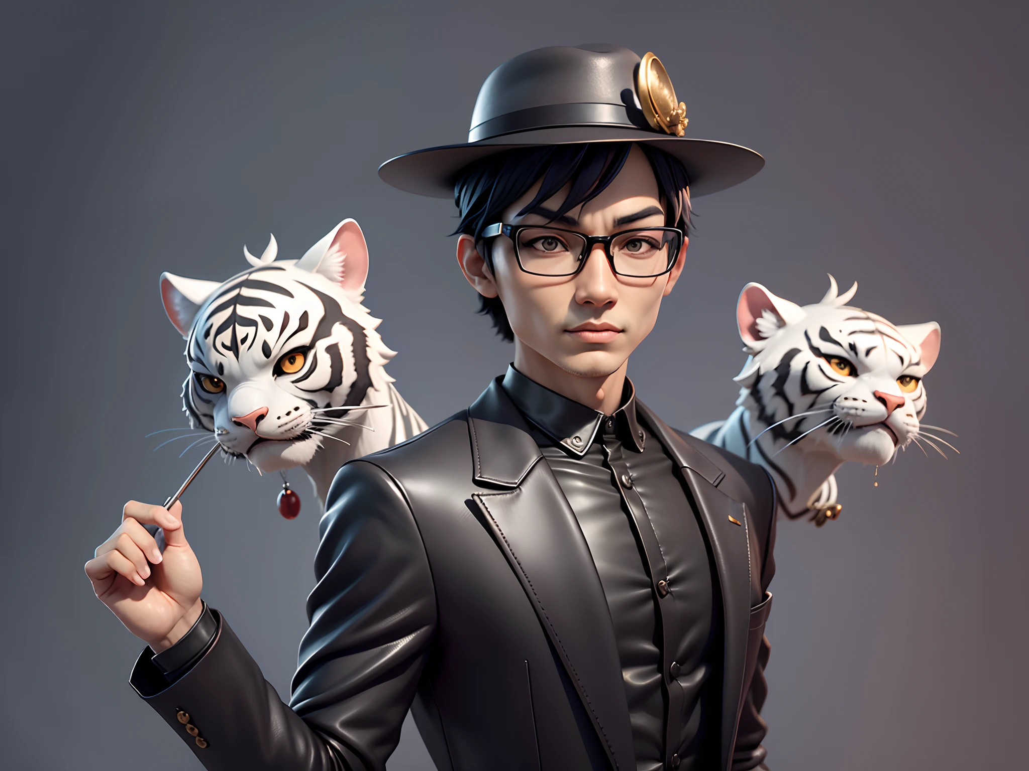 Young man with oriental face in leather hat, tiger, oriental face in formal suit, short black hair, silver glasses, digital painting, 3D character design by Mark Clairedon and Pixar and Hayao Miyazaki and Akira Toriyama, the illustration is a high-definition illustration in 4K resolution with very detailed facial features and cartoon-style visuals.