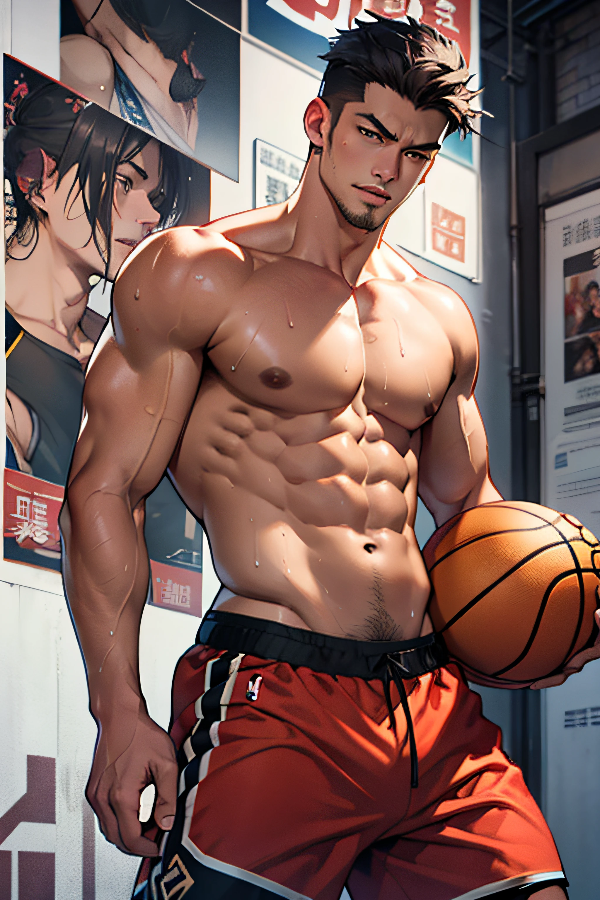 male people， Hirsutistic， Asians， curving， paleskin， sweat leggs，Basketball sports student，standing on your feet，realisticlying，A high resolution，中景 the scene is，musculous，Handsome，of a shirtless，bold and unconstrained，Chinese handsome，wide angles，photorealestic，cinematic ligh，poster for，photore，（detail in face），mature，Handsome