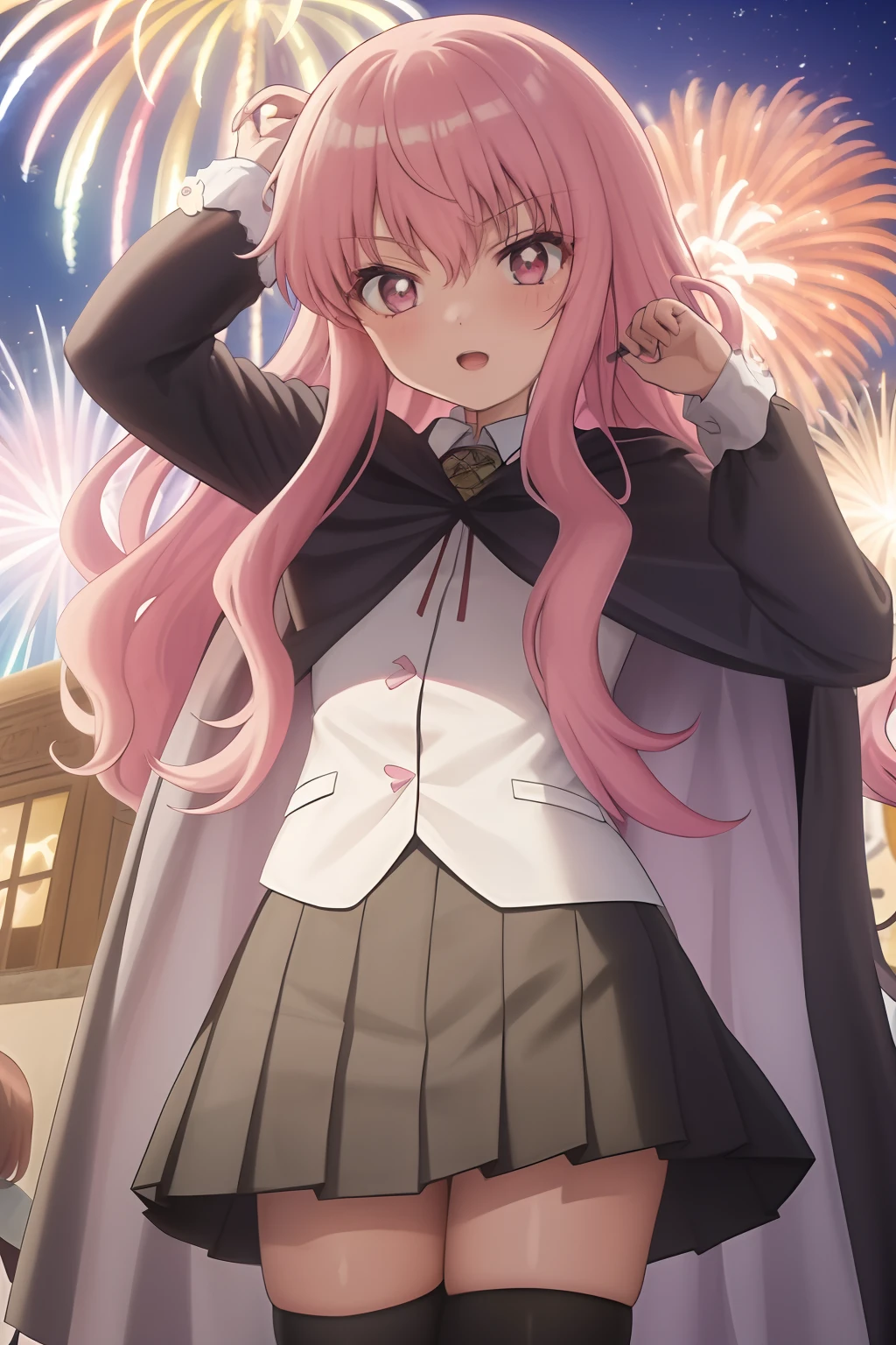 best weight at 0.6~0.7for school uniform:1girl,louise francoise le blanc de la valliere, babydoll,cape,black thighhighs,for pajamas:1girl, louise francoise le blanc de la valliere,pink pajamasdetallado 8k fondo de pantalla playa de mexico, fireworks night mexico