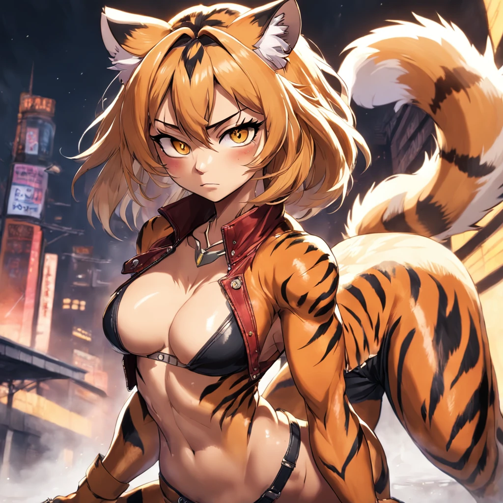 female tigress furry, flame shaped tiger stripes all over the body, reddish leather jacket and pants, hourglass shape, side hair fringe, golden piercings on her left eyebrow, nose, tons of fur around her neck, is a bit muscular, menacing look