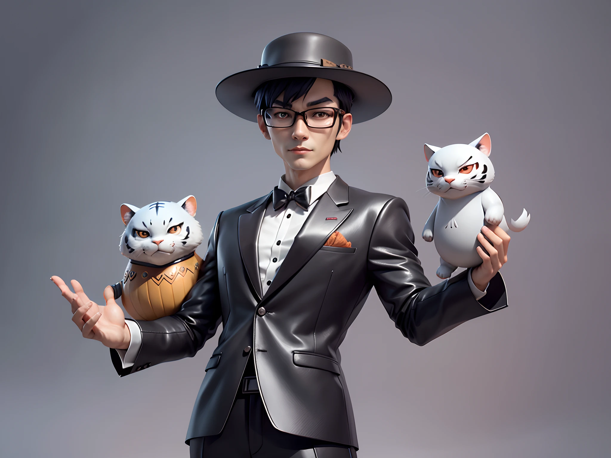 Young man with oriental face in leather hat, tiger, oriental face in formal suit, short black hair, silver glasses, digital painting, 3D character design by Mark Clairedon and Pixar and Hayao Miyazaki and Akira Toriyama, the illustration is a high-definition illustration in 4K resolution with very detailed facial features and cartoon-style visuals.