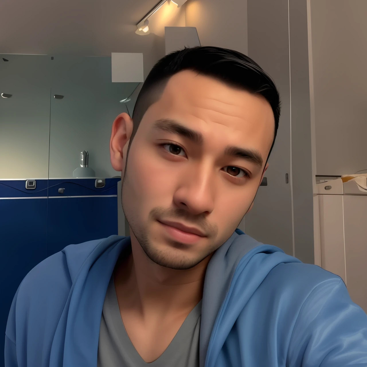 arafed man with a blue shirt and a gray hoodie, 2 , 2 8 years oldven wide face, 2 3 years old, in style , clean shaven face, around 1 9 years old, 2 2 years old, 2 9 yhaven face, 18 asian male