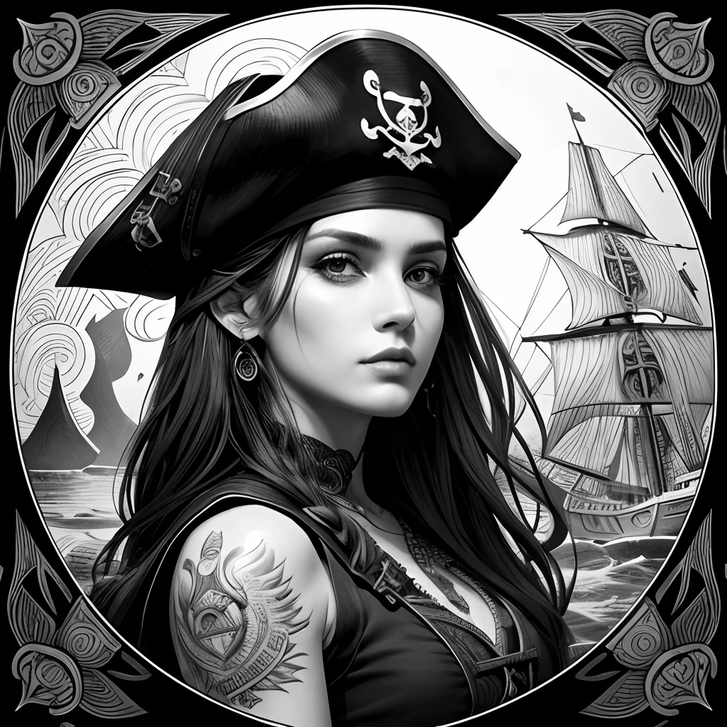 Centred potrait of a female Pirate, black and white, zentangle (best quality) ultra-detailed, fine line drawing, fine line art, coloring book illustration style, intricate linework, highly detailed illustration, perfect composition, beautiful and stunning, dynamic angle, high contrast, incredible shading, incredible detail, unique style, black and white details, (dark and mystical atmosphere), intricate and detailed nature elements.