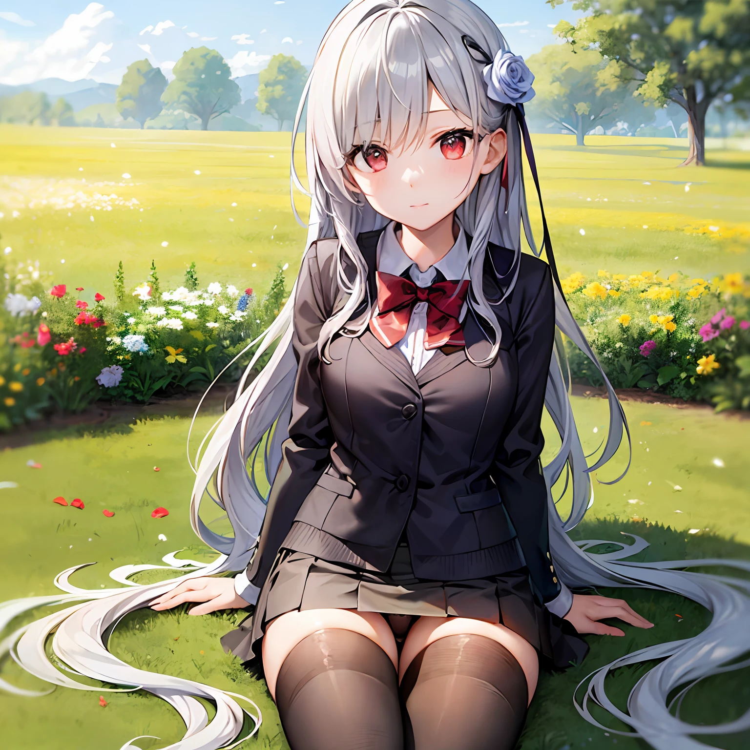 long wavy silver hair、red eyes、Beautiful girl alone、a miniskirt、tights、flower field、sitting on、Panties are slightly visible