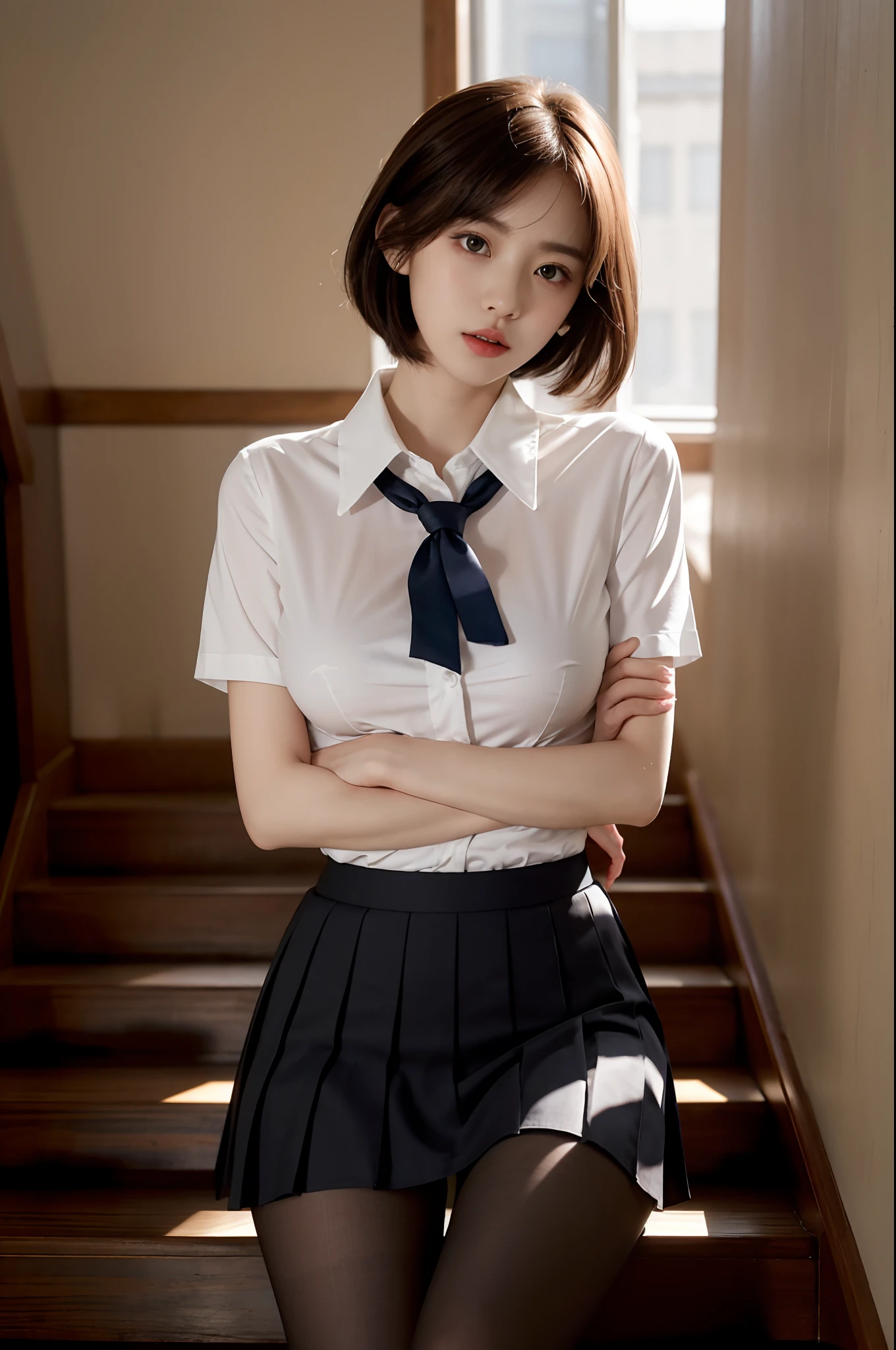 korea 、summer shirt、tight shirt、ribbon tie、skirt side、schools、schools 계단、Emphasize your chest with both arms、Slender big、8K original photo、highest resolution、age up:18 、Japanese、Eyes of Wound、Very large and round breasts、Beautiful eyes are depicted in detail、long eyelashes、beautiful double eyelids、eye shadow、eye line、Slender eyes、elongated eye shape、Sanpaku Snow、pretty and thin legs、pretty and thin thighs、random shorthair、Tie your hair behind your head、earring、light brown hair、(Wearing pantyhose)、Thighs are erotic、laugh、The mouth opens slightly