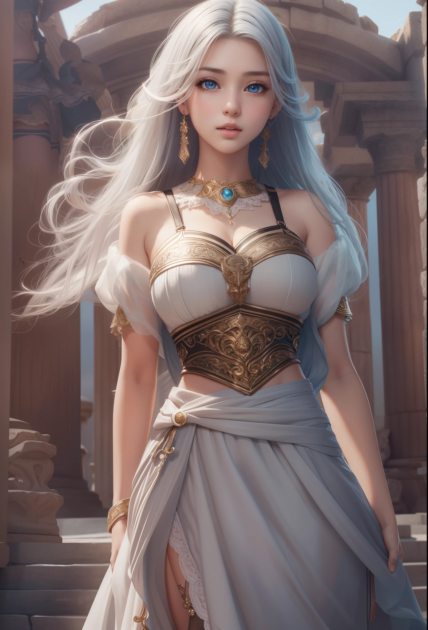 ulzzang-6500-v1.1, (raw photo:1.2), (photorealistic:1.4), beautiful detailed girl holding her perfect large breasts, white hair and blue eyes, very detailed eyes and face, beautiful detailed eyes, absurd, incredibly ridiculous, huge file size, super detailed, high resolution, very detailed, best quality, masterpiece, kemomimi, ((skirt evening dress)), illustration, very detailed, CG, unified, 8k wallpaper, Amazing, fine details, masterpiece, best quality, very detailed CG unified 8k wallpaper, face light, movie lighting, 1girl, , ((dynamic pose))), (camel toe), (half), (black stockings)), ancient Greek roman background