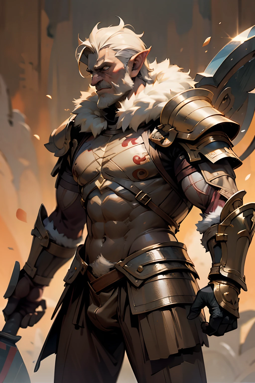 Game character standing drawing design,Disney animation,style of disney animation,Orc male,Leather armor,Fur shoulders,Stout limbs,Muscle explosions,The barefoot,Armed with a huge red axe,Different layers overlay,Different angles,(Left view full body:1.4),solid color backdrop,clean backdrop,depth of fields,high light,Real light,Ray traching,OC renderer,UE5 renderer,Hyper-realistic,best qualtiy,8K,Works of masters,super-fine,Detailed pubic hair,Correct anatomy,