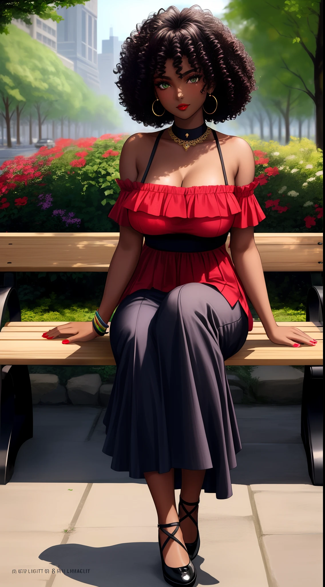((((A young woman))), the anime, ( Green eyes), (black hair), Nice face, ssmile, the perfect body, , (((morena))), big breastes, ((tmasterpiece, beste-Qualit)), illustartion, Ультра деталпазированная 8k, Photorealistic, sharp-focus, higly detailed, Professional lighting, Bright make-up, red-lips, Toenails and fingernails are varnished, (dark skin:1,2), short stature, dark skin, Indian woman, African curly hair, Afro-curls, urban style, casual wear, casual shoes, city park, the trees, Flowers, bench, pond