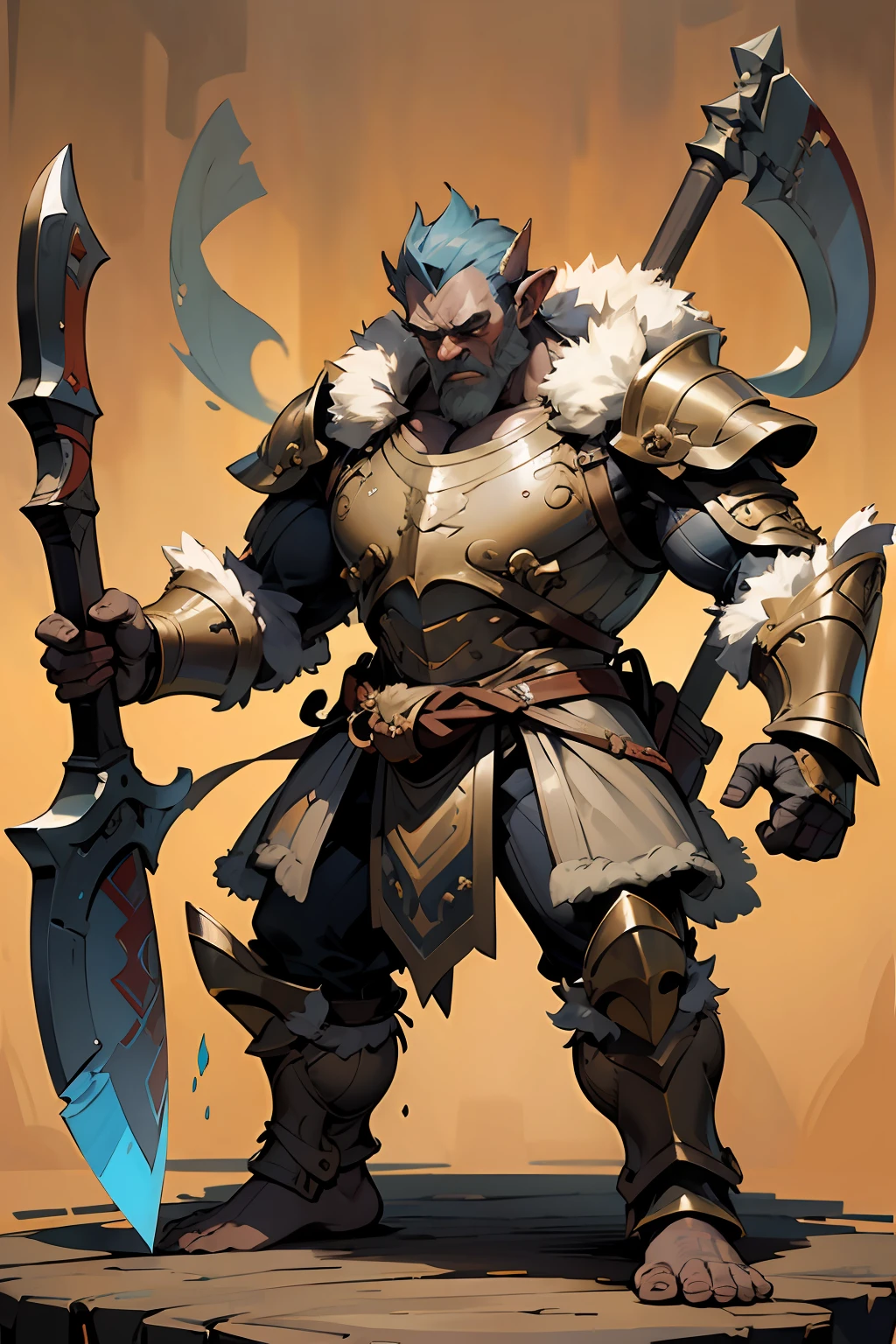 Game character standing drawing design，Disney animation，style of disney animation，Orc male，Leather armor，Fur shoulders，Stout limbs，Muscle explosions，The barefoot，Armed with a huge red axe，Different layers overlay，Different angles，（Left view full body：1.4），solid color backdrop，clean backdrop，depth of fields，high light，Real light，Ray traching，OC renderer，UE5 renderer，Hyper-realistic，best qualtiy，8K，Works of masters，super-fine，Detailed pubic hair，Correct anatomy，