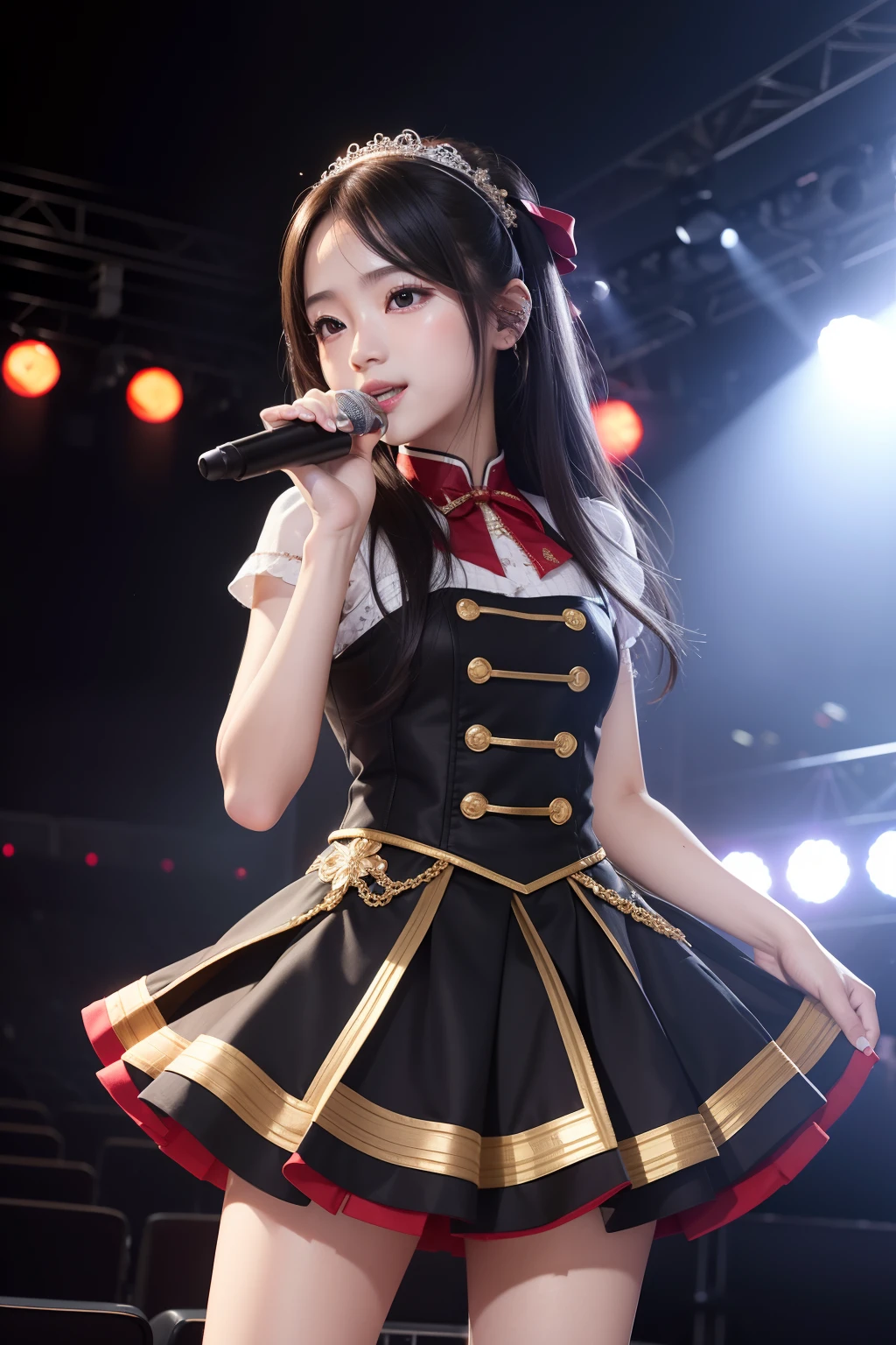 ​masterpiece, top-quality, 8K, full-body view、flered skirt、Idol stage costumes, Cute *********** s, Clean face, looking at the viewers, A smile, Hold the microphone and sing、A hyper-realistic, hight resolution, a picture, film grains, foco nítido, nffsw, face lights, Dynamic lighting, 电影灯光, Professional Shadows,  (Background of the concert venue:1.4), highestdetailed, authentic skin, delicated facial features, detailed faces and eyes, Sharp pupils、