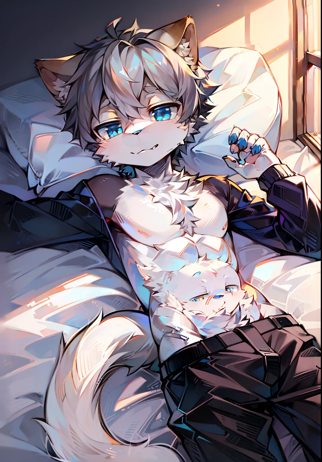 Bright eyes, panorama, character focus ,solo, furry, furry male cat, male yellow-white fur, blue eyes, gray hair (long), bare body, lying on bed without pants, young style, height one meter seven, handsome, has a tail,