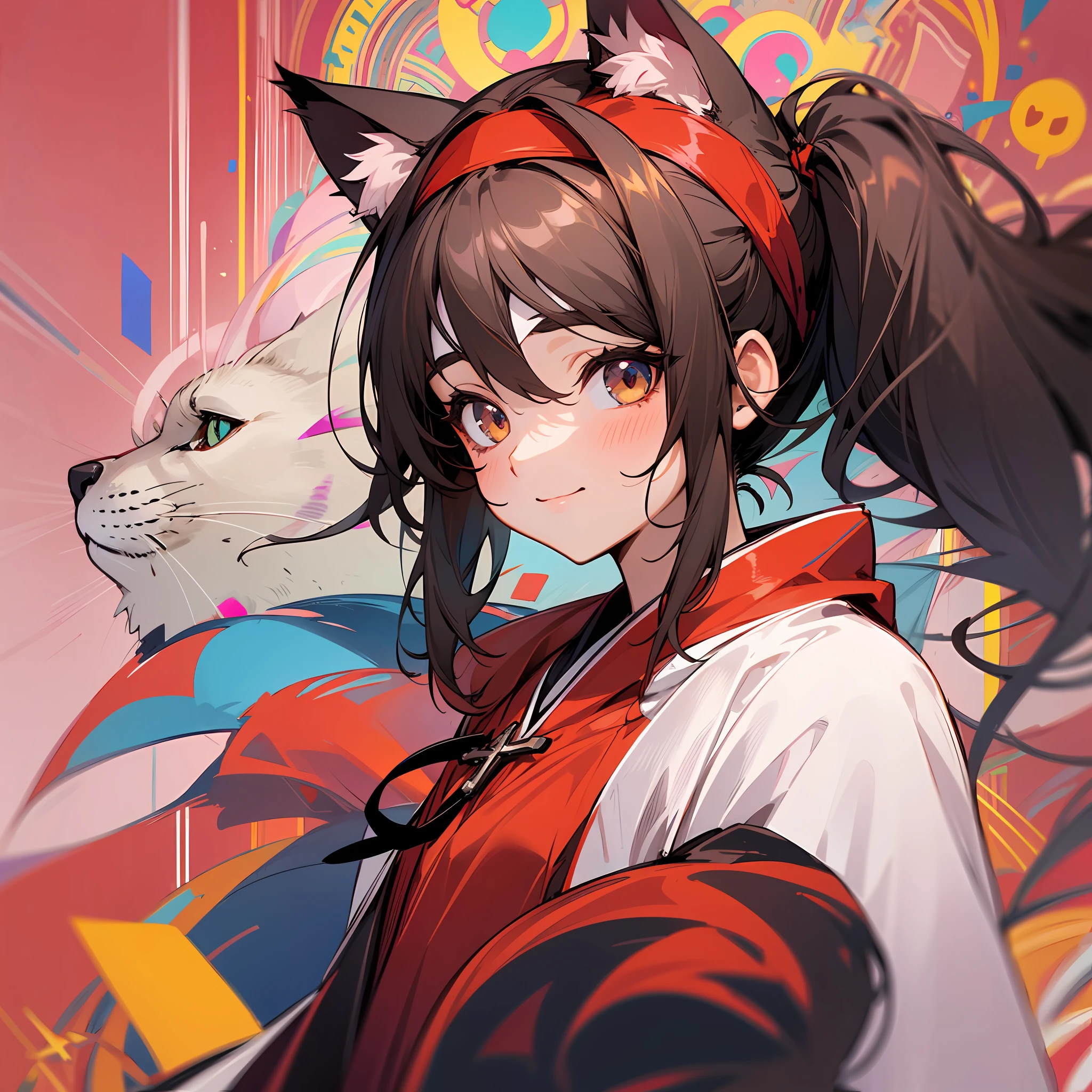female character, cat ears, pigtail hair, dark brown hair, (((red headband))), classic pink and white Clerica outfit, sweet smile, skinny, full body, anime icon, new jersey, looking at face camera, 8k, full length, best background, clergyman's robe, masterpice, awesome titles, ultra HD, cute expression, insane title --auto --s2