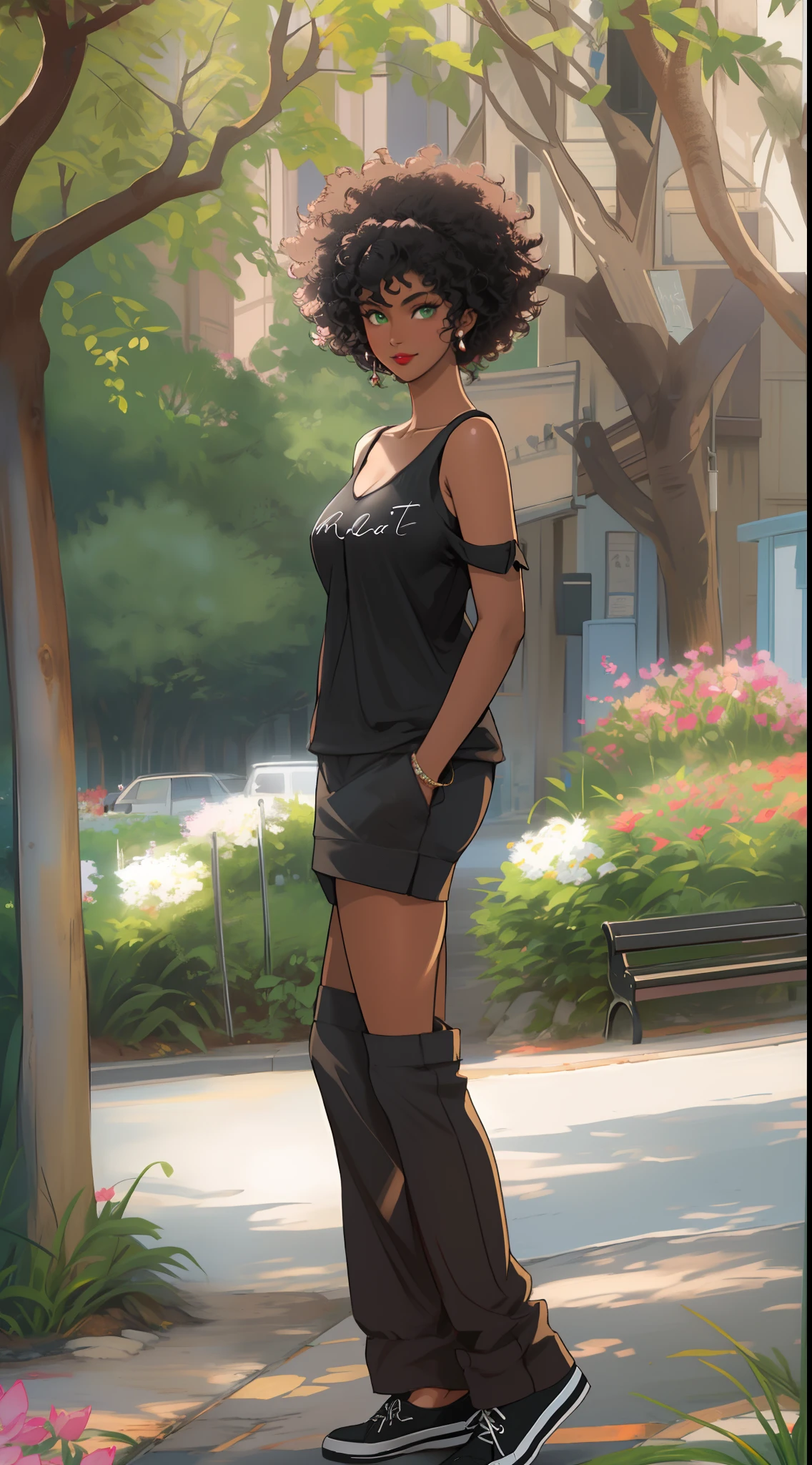 ((((A young woman))), the anime, ( Green eyes), (black hair), Nice face, ssmile, the perfect body, , (((morena))), big breastes, ((tmasterpiece, beste-Qualit)), illustartion, Ультра деталпазированная 8k, Photorealistic, sharp-focus, higly detailed, Professional lighting, Bright make-up, red-lips, Toenails and fingernails are varnished, (dark skin:1,2), short stature, dark skin, Indian woman, African curly hair, Afro-curls, urban style, casual wear, casual shoes, city park, the trees, Flowers, bench, pond
