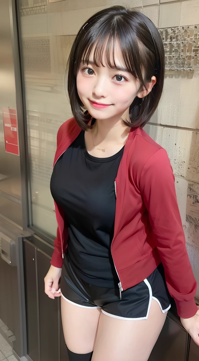 5uguh4, 1girl in, Solo, Kirigaya Suguha, Black hair, Short hair, Jacket, Open jacket, Short shorts, Shirt, Black eyes, Red jacket, Black shirt, Blue shorts, medium breasts, Bangs,look at viewr ,A smile、hi-school girl、cute little、a picture