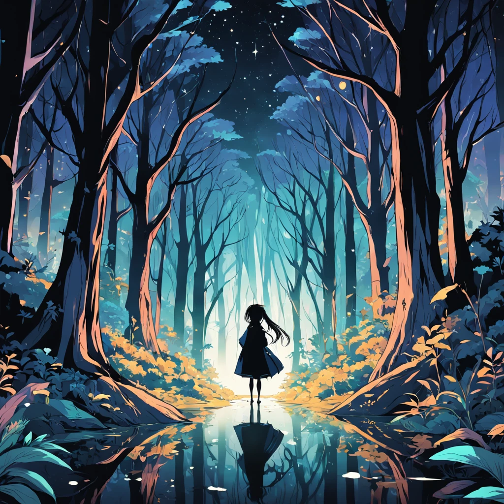 "A minimalist background of a magical world. Line art, vector graphics, SVG format, resembling a coloring book page. Black outlines on a white background in a rectangular shape."