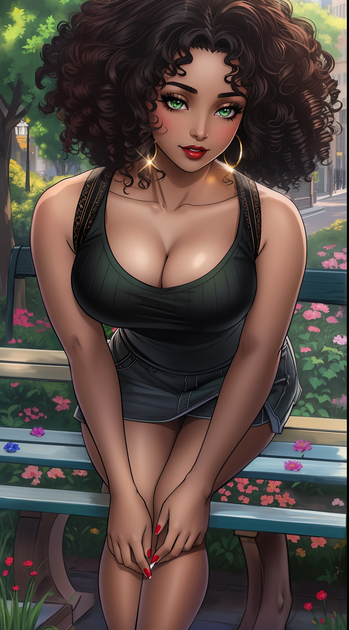 ((((A young woman))), the anime, ( Green eyes), (black hair), Nice face, ssmile, the perfect body, , (((morena))), big breastes, ((tmasterpiece, beste-Qualit)), illustartion, Ультра деталпазированная 8k, Photorealistic, sharp-focus, higly detailed, Professional lighting, Bright make-up, red-lips, Toenails and fingernails are varnished, (dark skin:1,2), short stature, dark skin, Indian woman, African curly hair, Afro-curls, urban style, casual wear, casual shoes, city park, the trees, Flowers, bench, pond