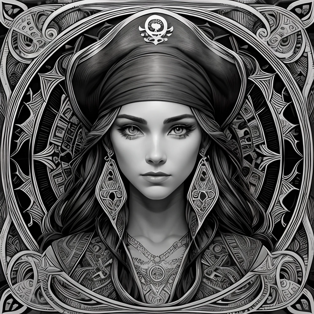 Centred potrait of a female Pirate, black and white, zentangle (best quality) ultra-detailed, fine line drawing, fine line art, coloring book illustration style, intricate linework, highly detailed illustration, perfect composition, beautiful and stunning, dynamic angle, high contrast, incredible shading, incredible detail, unique style, black and white details, (dark and mystical atmosphere), intricate and detailed nature elements.