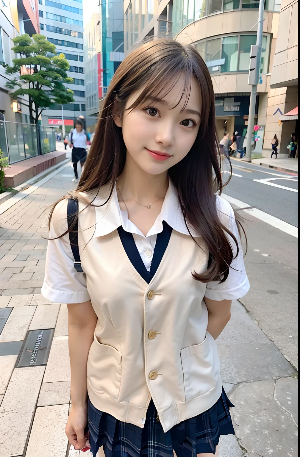 sidewalk, RAW photo, 8K, highest quality, super high resolution, beautiful face details, real human skin, gentle expression, front view, angle from below, long hair, realistic, realistic, cute, short skirt, standing deep in the city, cute schoolgirl, japanese schoolgirl uniform, wearing Japanese school uniform, surreal high school girl, full body,