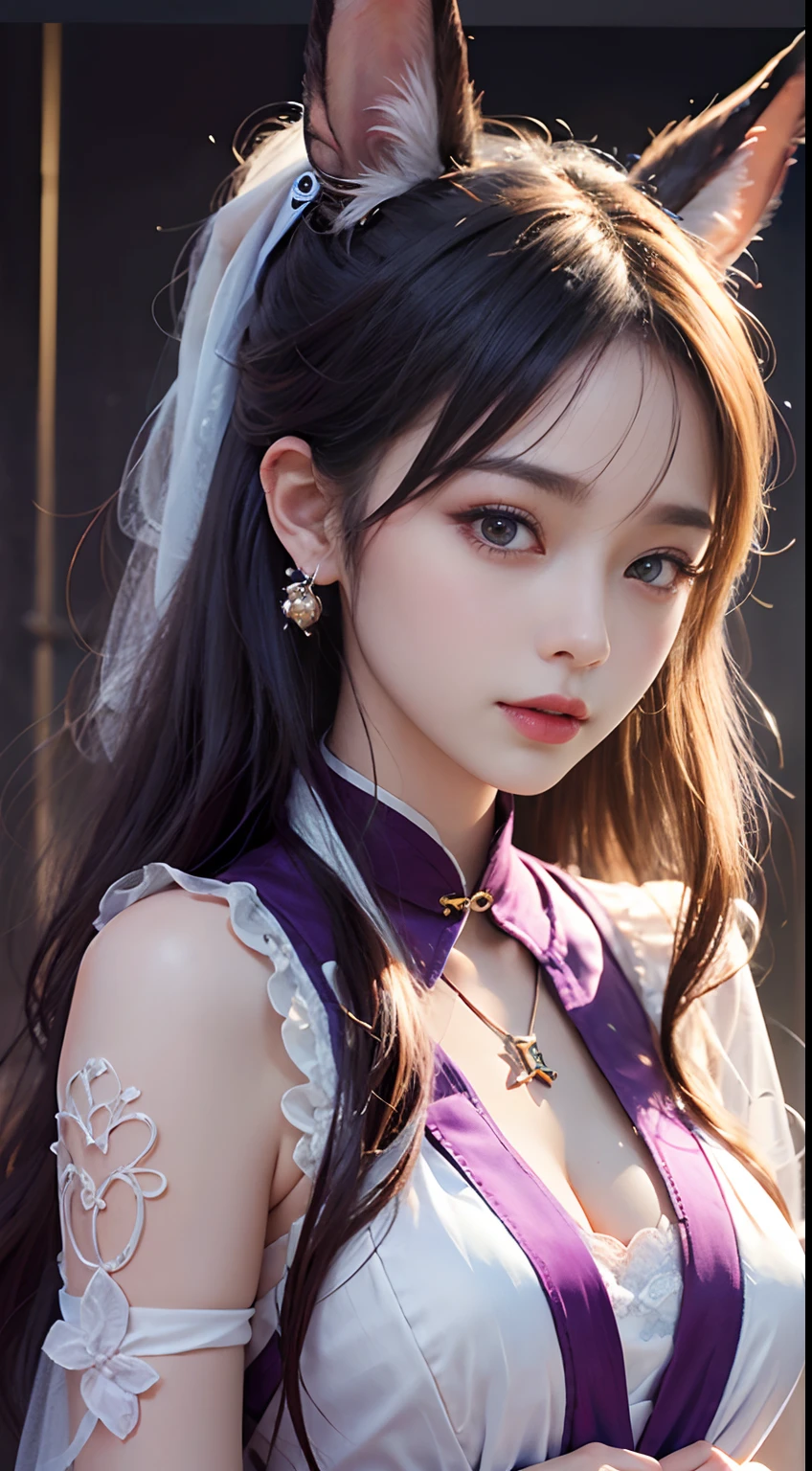 1 beautiful girl in Han costume, thin purple silk shirt with white color with many textures, white lace top, long platinum purple ponytail, Hair Jewelry, ear jewelry, light purple rabbit ears, necklace and necklace, meticulously drawn large purple eyes, meticulous makeup, Thin eyebrows, High Nose, lovely red lips, not smiling, pursed lips, rosy cheeks, wide breasts, Big breasts , well-proportioned bust, Slim waist, purple mesh socks, chinese hanfu style, fictitious art textures, vivid and realistic colors, RAW Photos, Realistic Photos, ultra high quality 8k surreal photos, (effective fantasy light effect: 1.8), 10x pixel, magical effect (Background): 1.8), ultradetailed eyes, girl body portrait, ancient hanfu background,