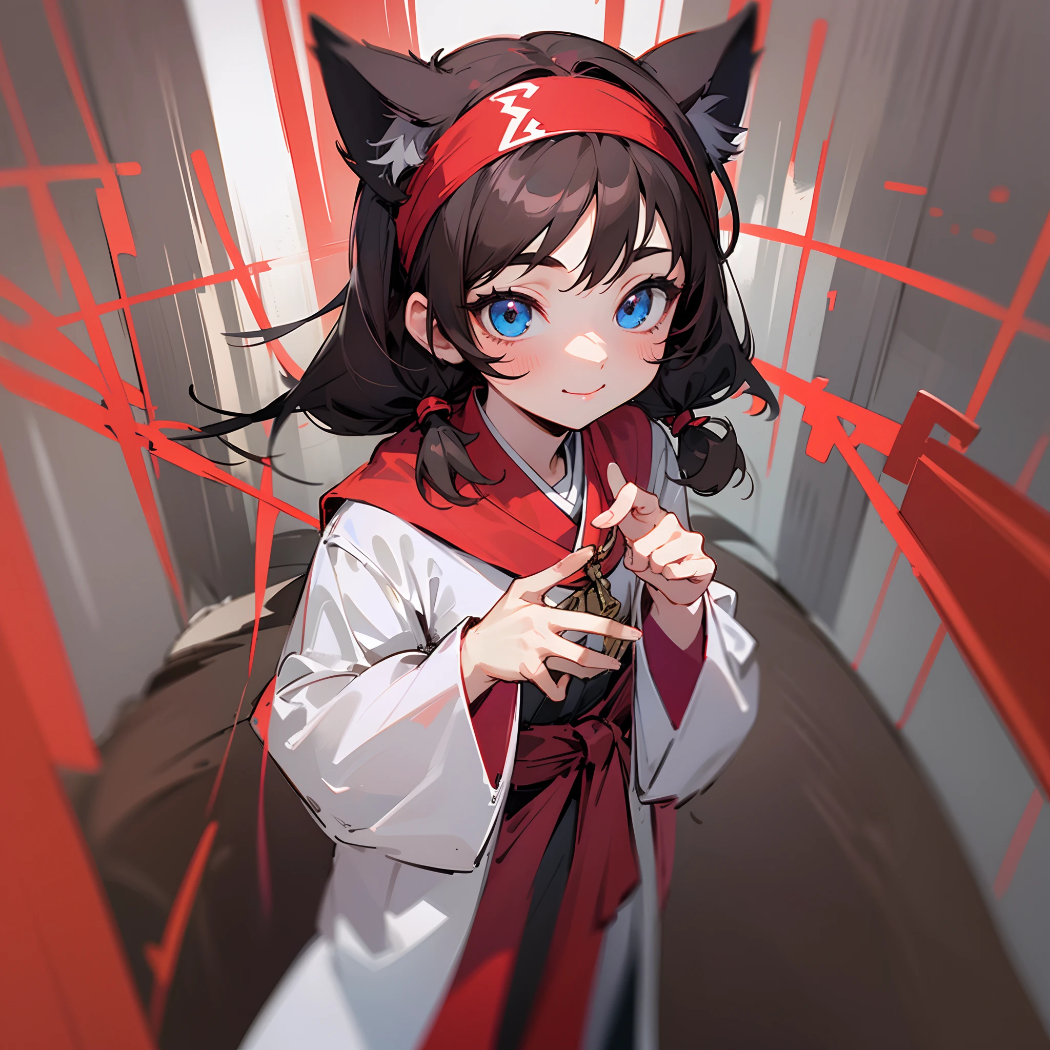 female character, cat ears, pigtail hair, dark brown hair, (((red headband))), classic pink and white Clerica outfit, sweet smile, skinny, full body, anime icon, new jersey, looking at face camera, 8k, full length, best background, clergyman's robe, masterpice, awesome titles, ultra HD, cute expression, insane title --auto --s2
