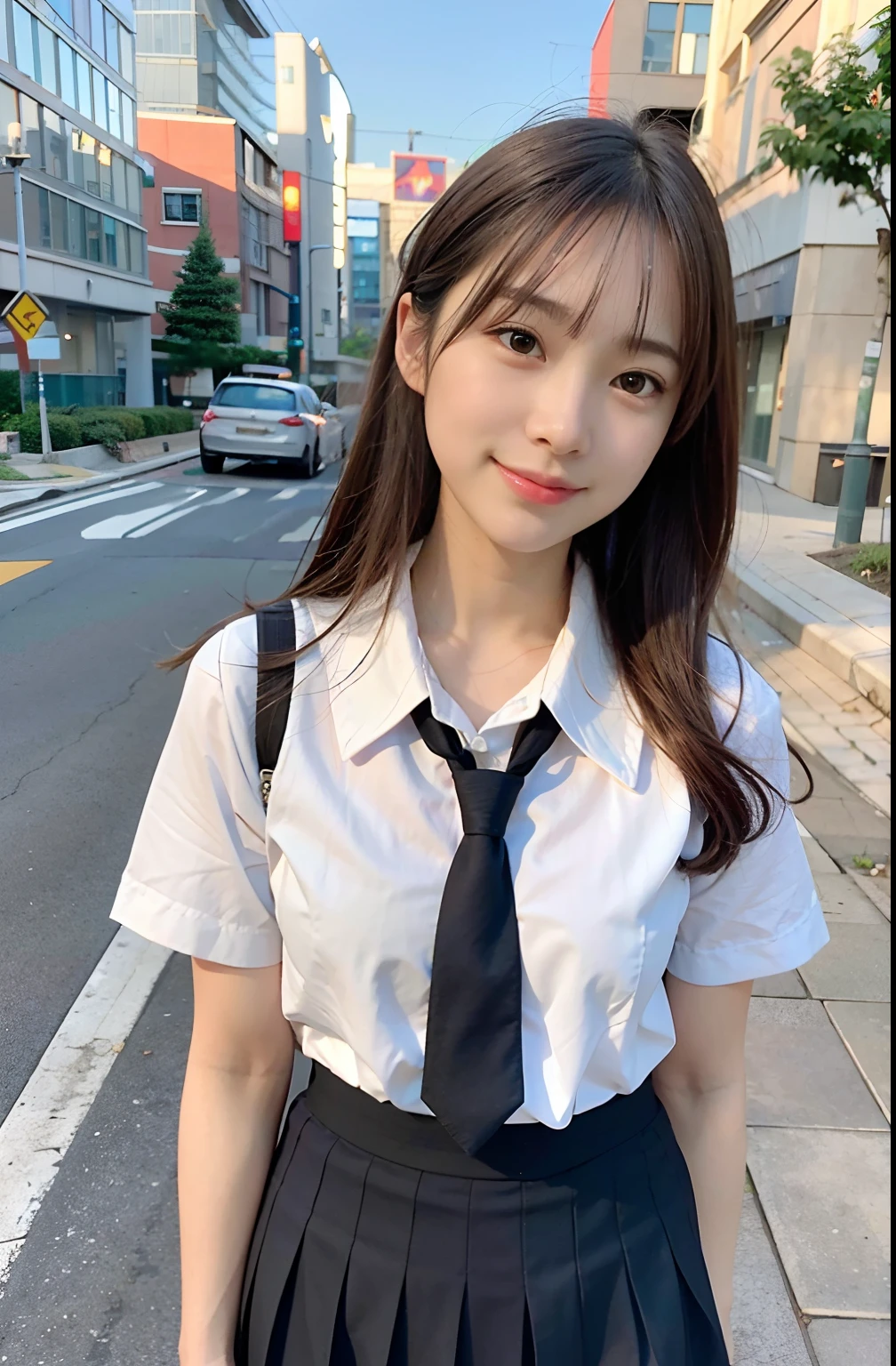 sidewalk, RAW photo, 8K, highest quality, super high resolution, beautiful face details, real human skin, gentle expression, front view, angle from below, long hair, realistic, realistic, cute, short skirt, standing deep in the city, cute schoolgirl, japanese schoolgirl uniform, wearing Japanese school uniform, surreal high school girl, full body,