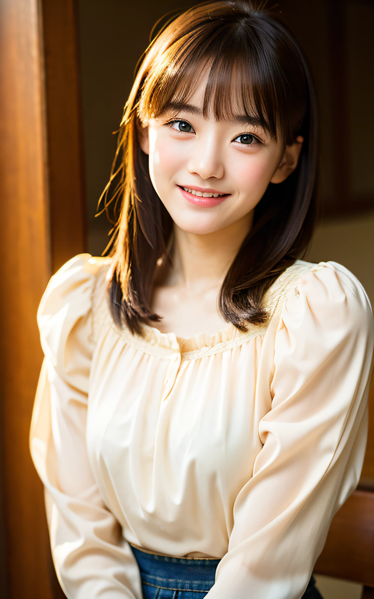 (top-quality、masterpiece:1.2)、 beautiful girl、very cute, blouse,、bangs, f 1.8、Soft light、Raw Photos Real、Skin texture is very detailed、without makeup、mournful、smile