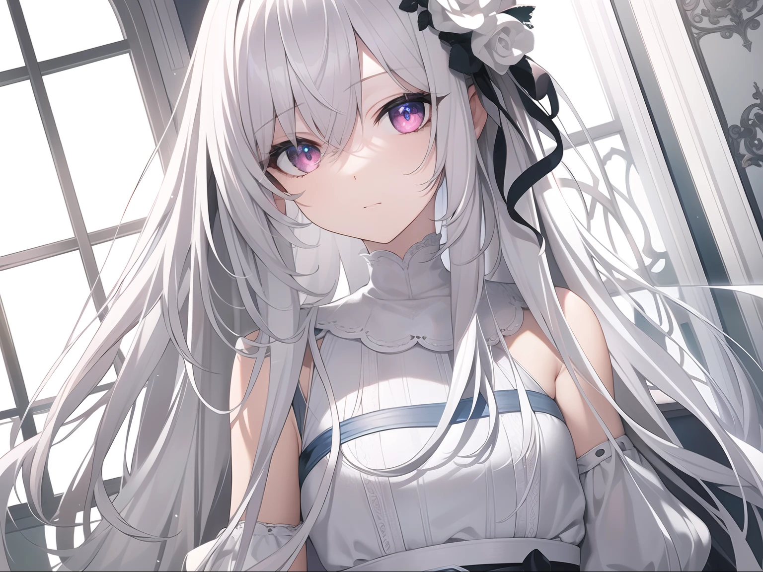 ((Masterpiece, Best quality))++, Detailed light+,  Detail hair+, detail hand+ ,1girll, woman, Long hair,   Crimson eyes,  Beautiful eyes, Young gray hair,,(Beautiful white hair:1.5),(Beautiful detailed eyes),    high resolution+,   blacksilk  ， a black skirt, Glass tones, Reflective eyes,   {{Angle}} , extremelydetailedwallpaper, Original, ,