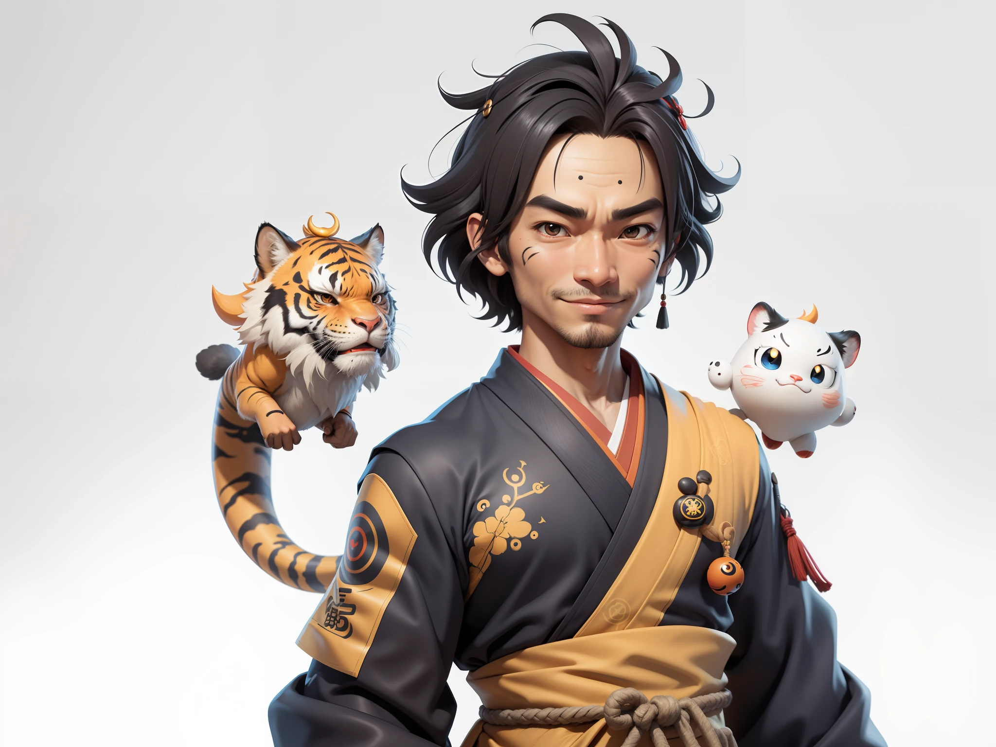 (Daisaku),(Need),(Super meticulous),(full bodyesbian:1.2),Super young man with Japanese geisha,Beautiful,orient,one tiger,Aeolian Thor,Raised sexy,爆乳,Oriental face,TV Anchor,Bust portrait illustration,In black suit,a blue tie,The face is slightly chubby,The face was clean,without a beard,Black super short hair,Black eyes,Smile confidently,3C computer sub-products,iPad, iphone,Digital painting,3D character design by Mark Clairen and Pixar and Hayao Miyazaki and Akira Toriyama,The illustration is a high-definition illustration in 4K resolution,With very detailed facial features and cartoon-style visuals。