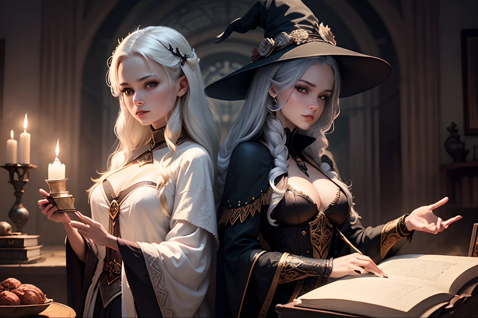 best quality, ultra-detailed, white witch VS black witch, magic arts, sorcery