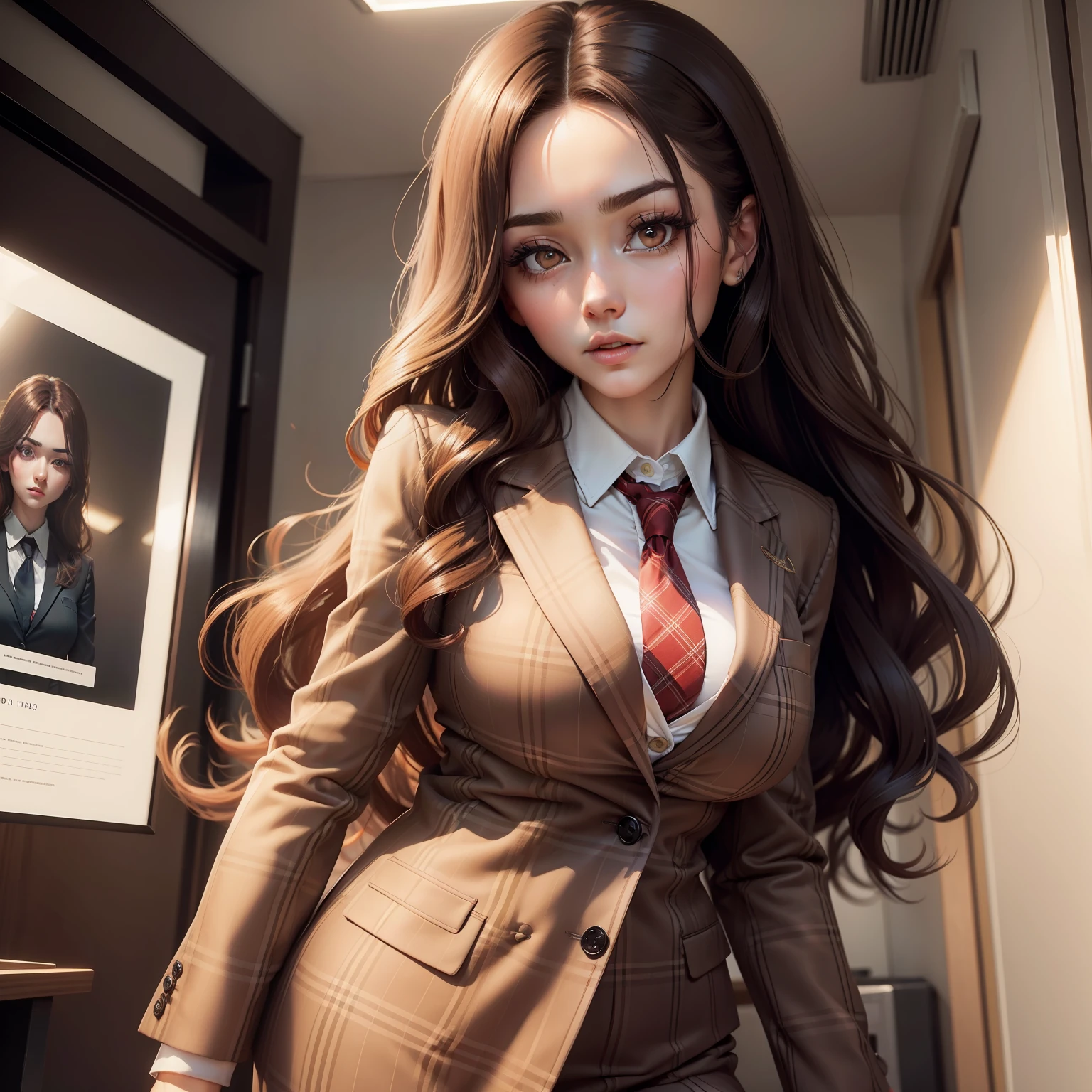 Sexy woman in plaid suit with bright brown long hair and long eyelashes big eyes style outstanding