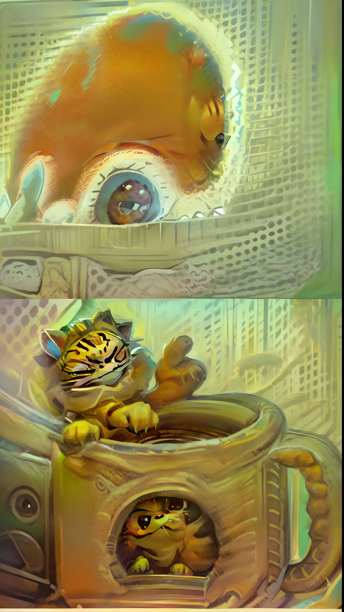 There is an image of a cartoon cat sitting in a glass, Garfield, Garfield, o Gato, Com Garfield, o gato dos desenhos animados, Garfield comendo lasanha, Quadrinhos de Garfield, Retrato de Garfield, Eldritch abomination Garfield, Garfield Cara de Gato, Highly detailed VFX espresso, mascote de cereais, Kenny Wong x Pop Mart, toon aesthetic, CGI inicial